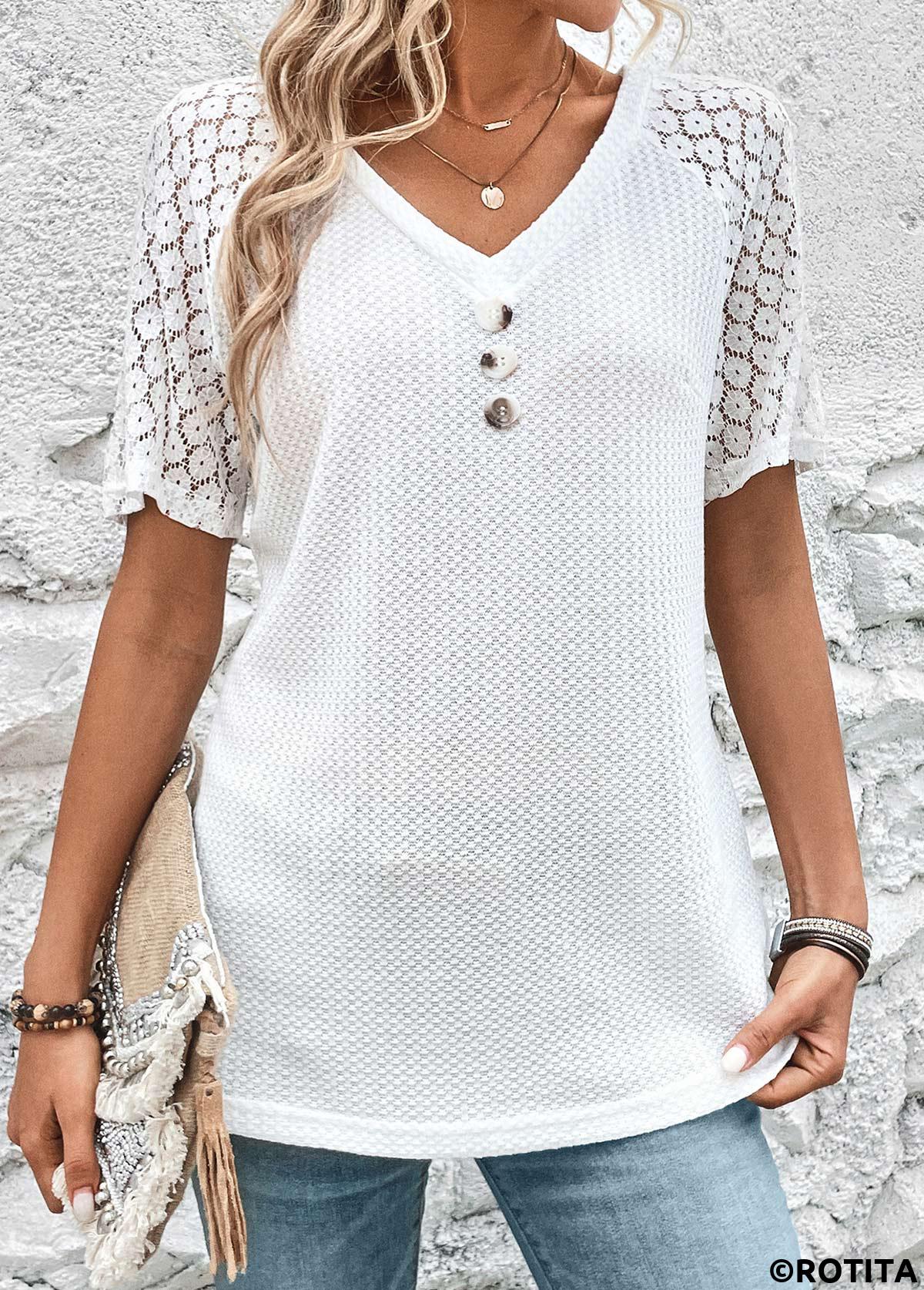 White tops,Plain Color tops,ROTITA Patchwork White V Neck Short Sleeve T Shirt