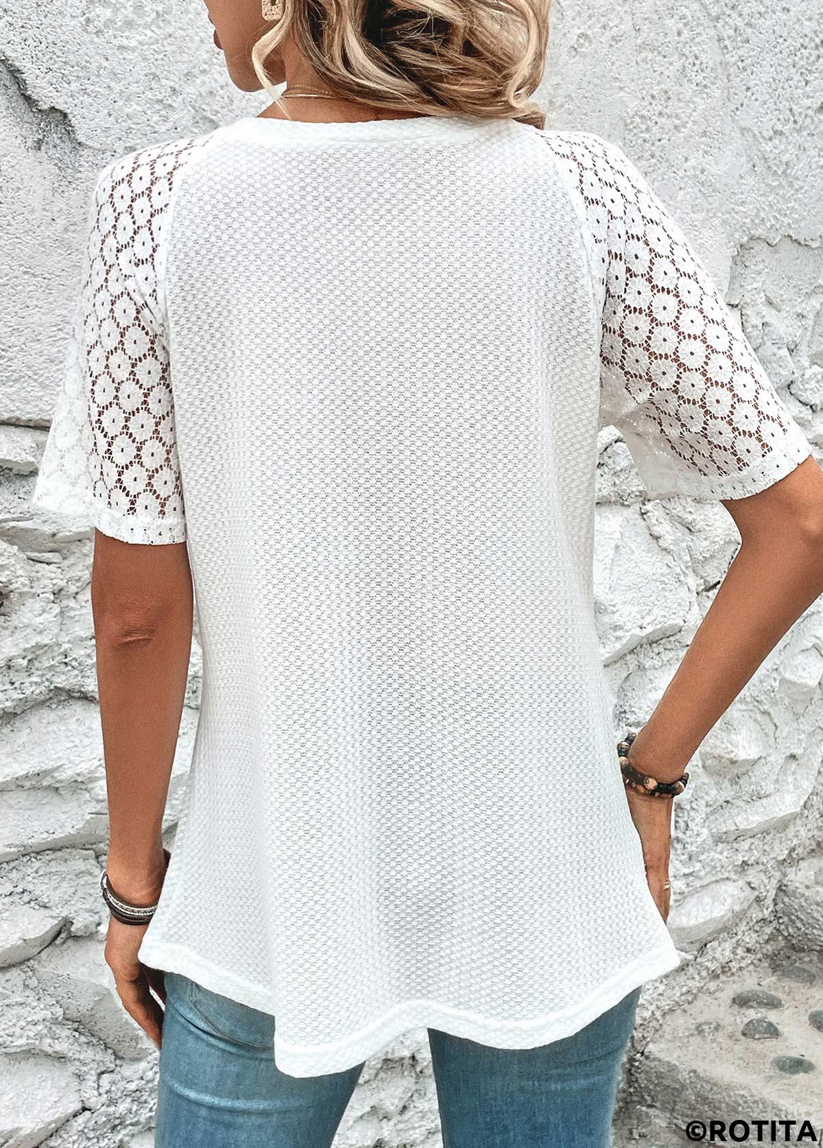 White tops,Plain Color tops,ROTITA Patchwork White V Neck Short Sleeve T Shirt