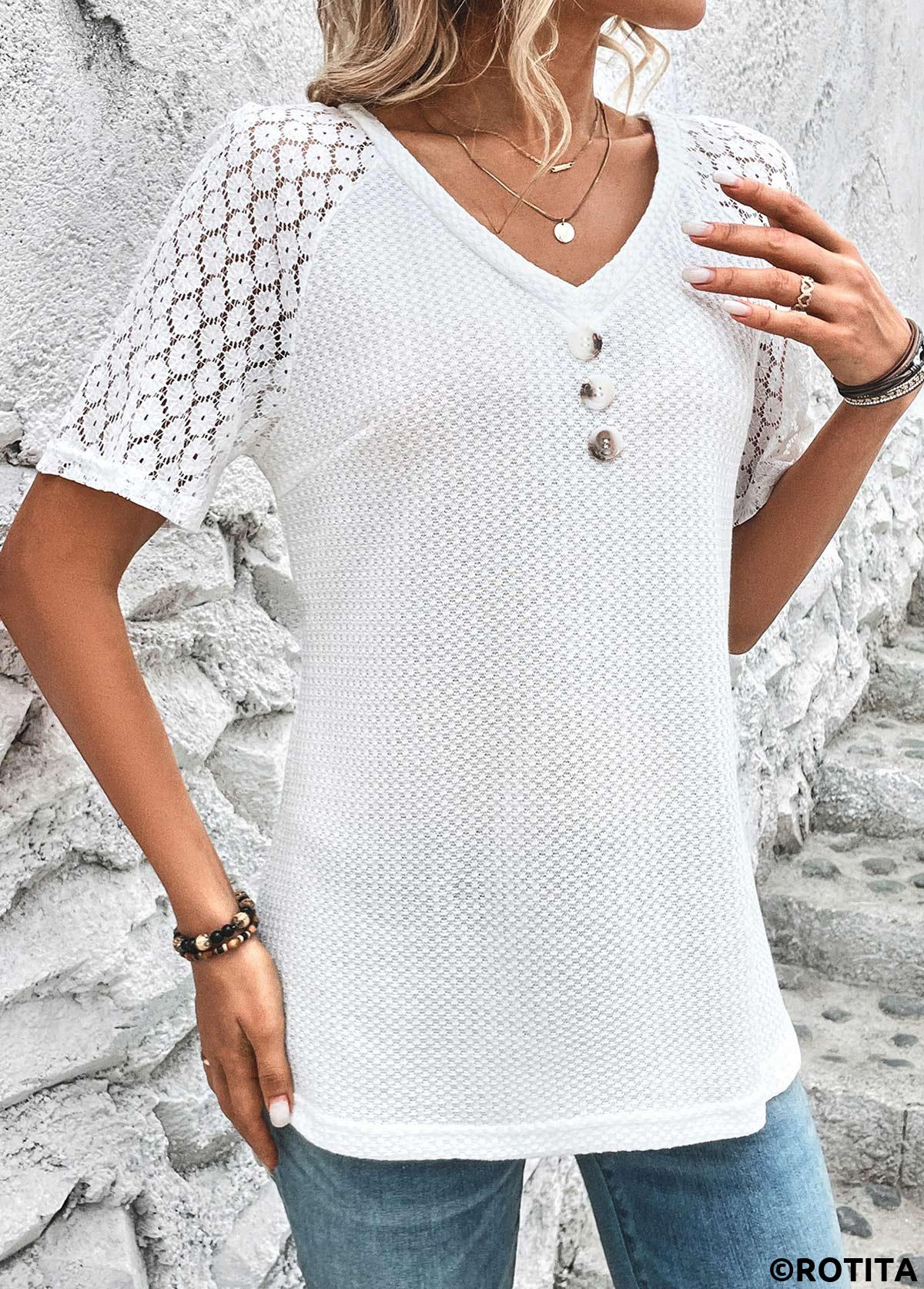 White tops,Plain Color tops,ROTITA Patchwork White V Neck Short Sleeve T Shirt