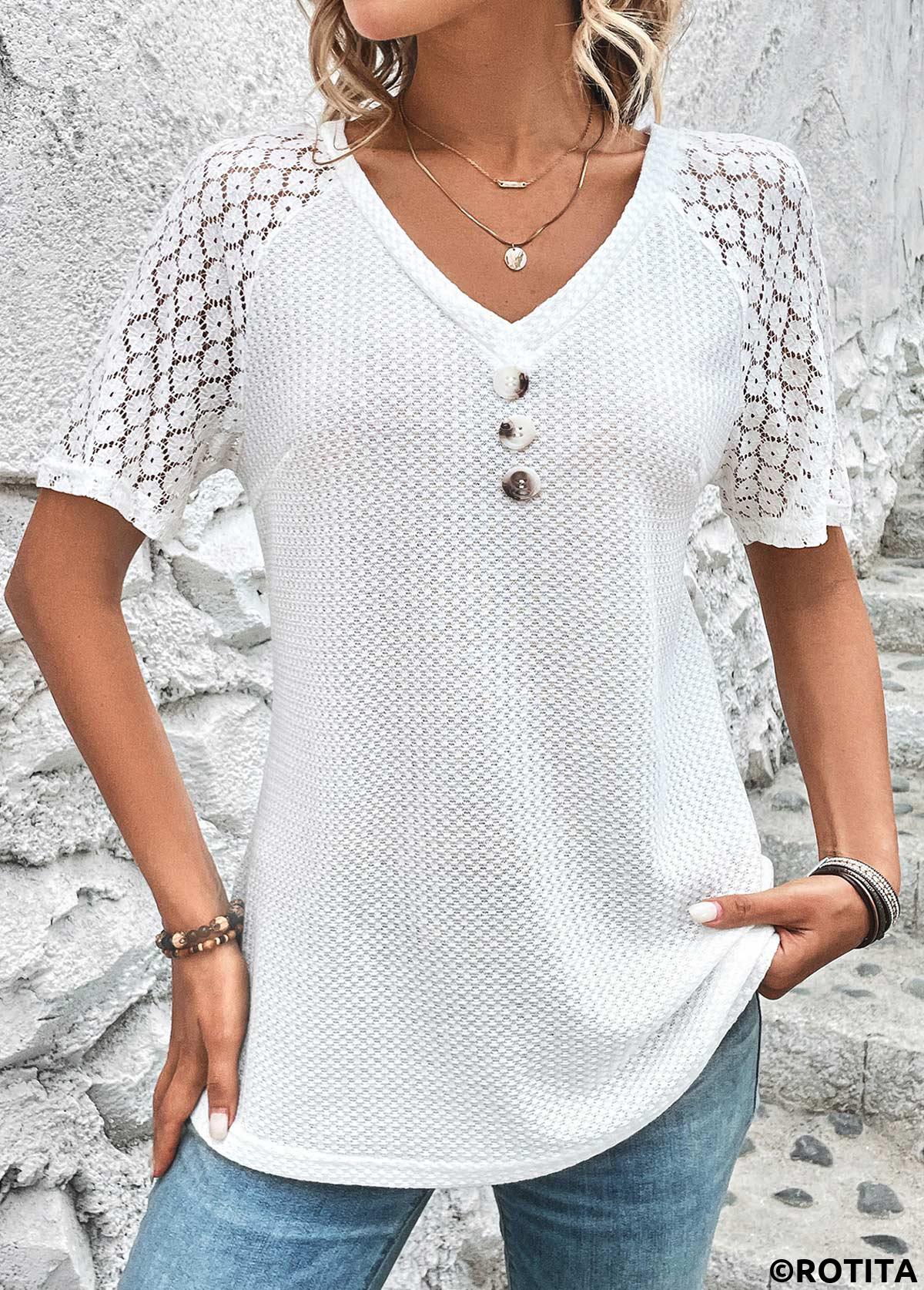 White tops,Plain Color tops,ROTITA Patchwork White V Neck Short Sleeve T Shirt