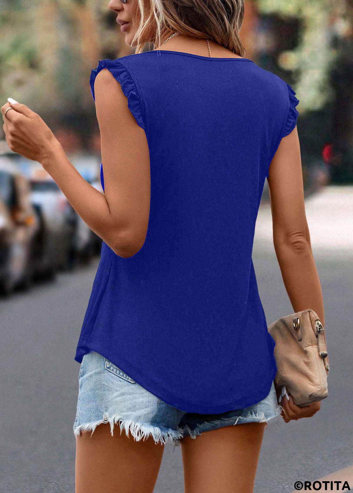 Royal Blue tops,Plain Color tops,Frill Royal Blue Split Neck Tank Top
