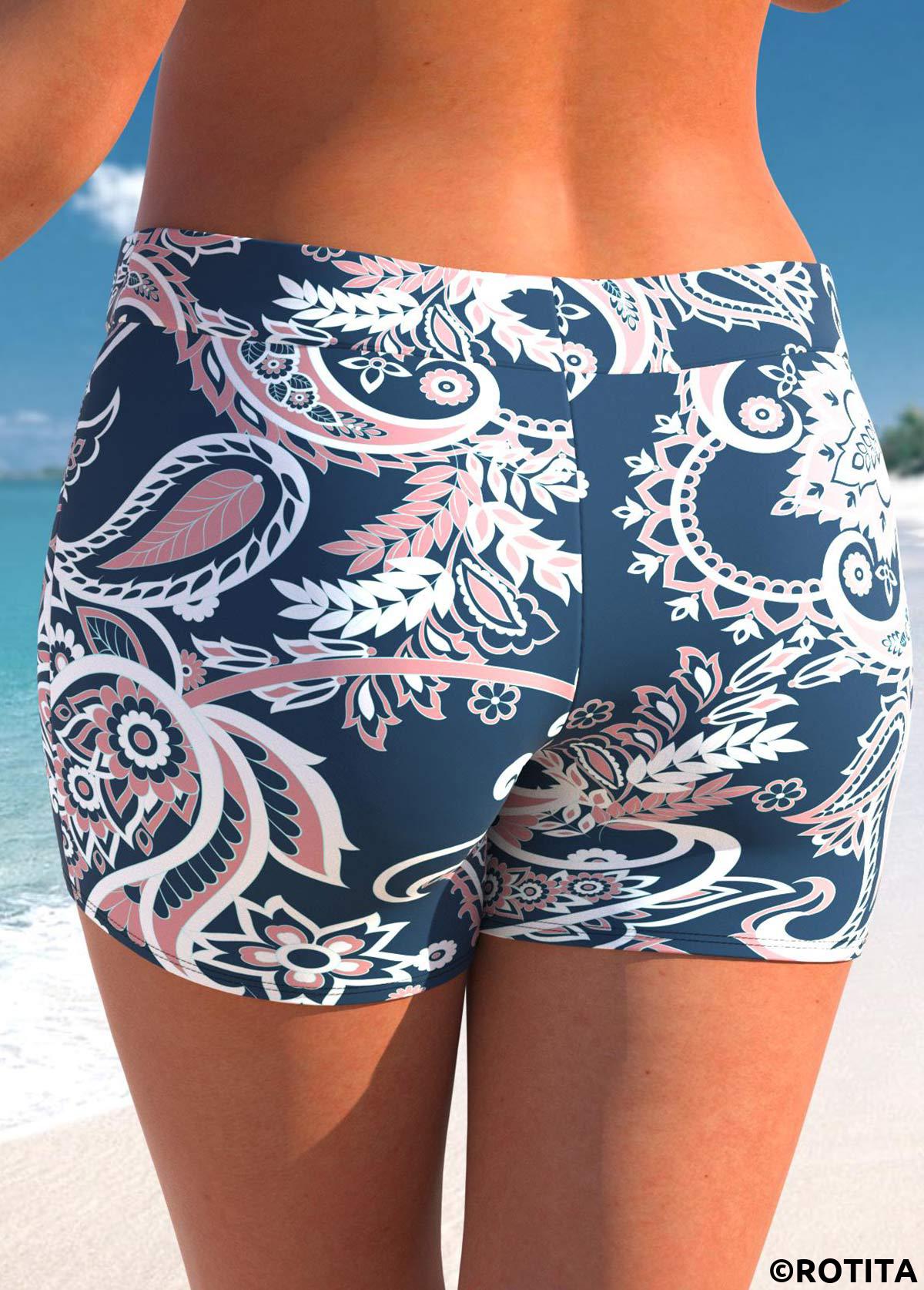 Navy plus size,Paisley plus size,Tribal plus size,ROTITA Plus Size Mid Waisted Paisley Print Swim Shorts