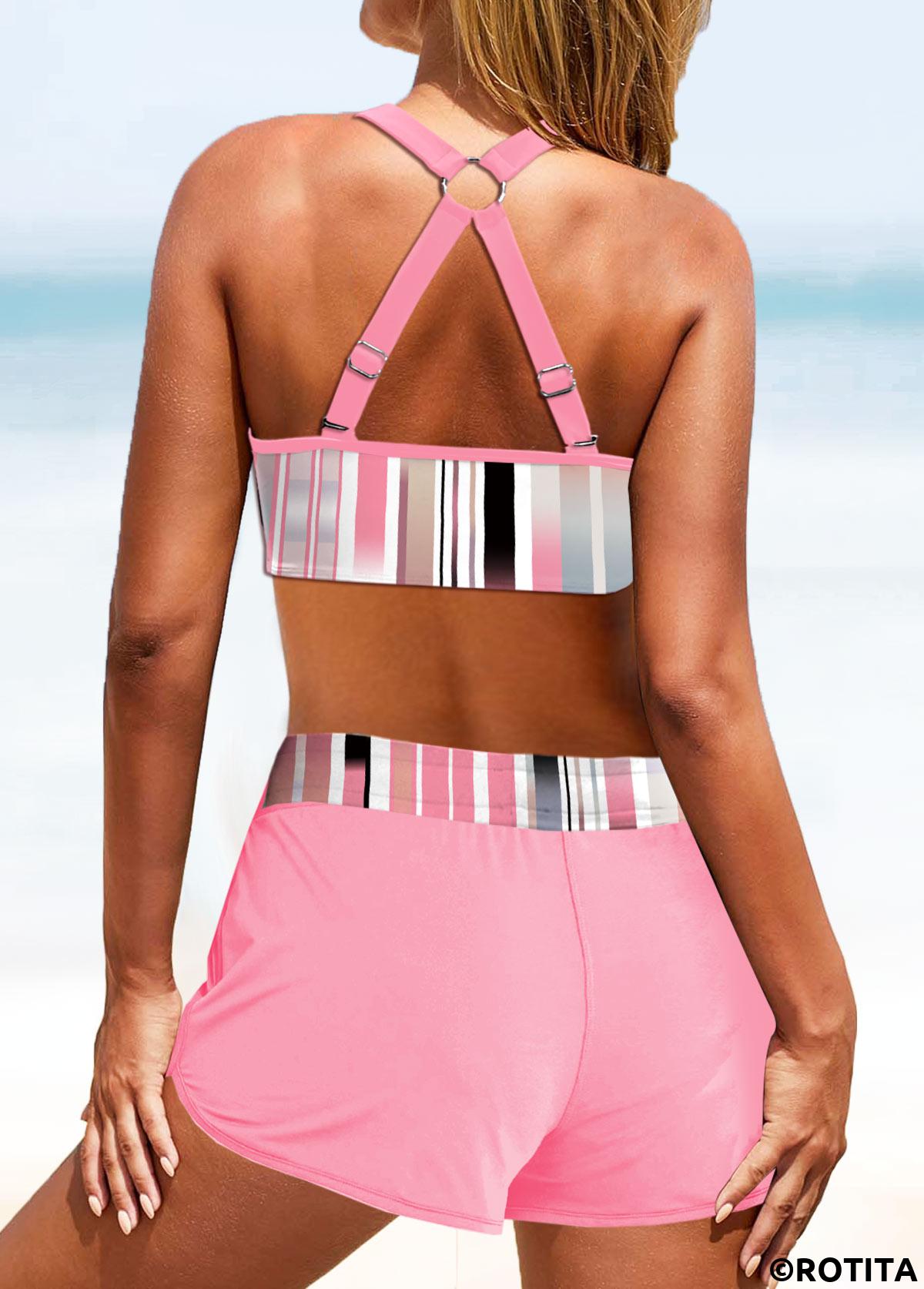 Pink swimwear,Geometric swimwear,ROTITA Metal Ring Pink Geometric Print Bikini Top