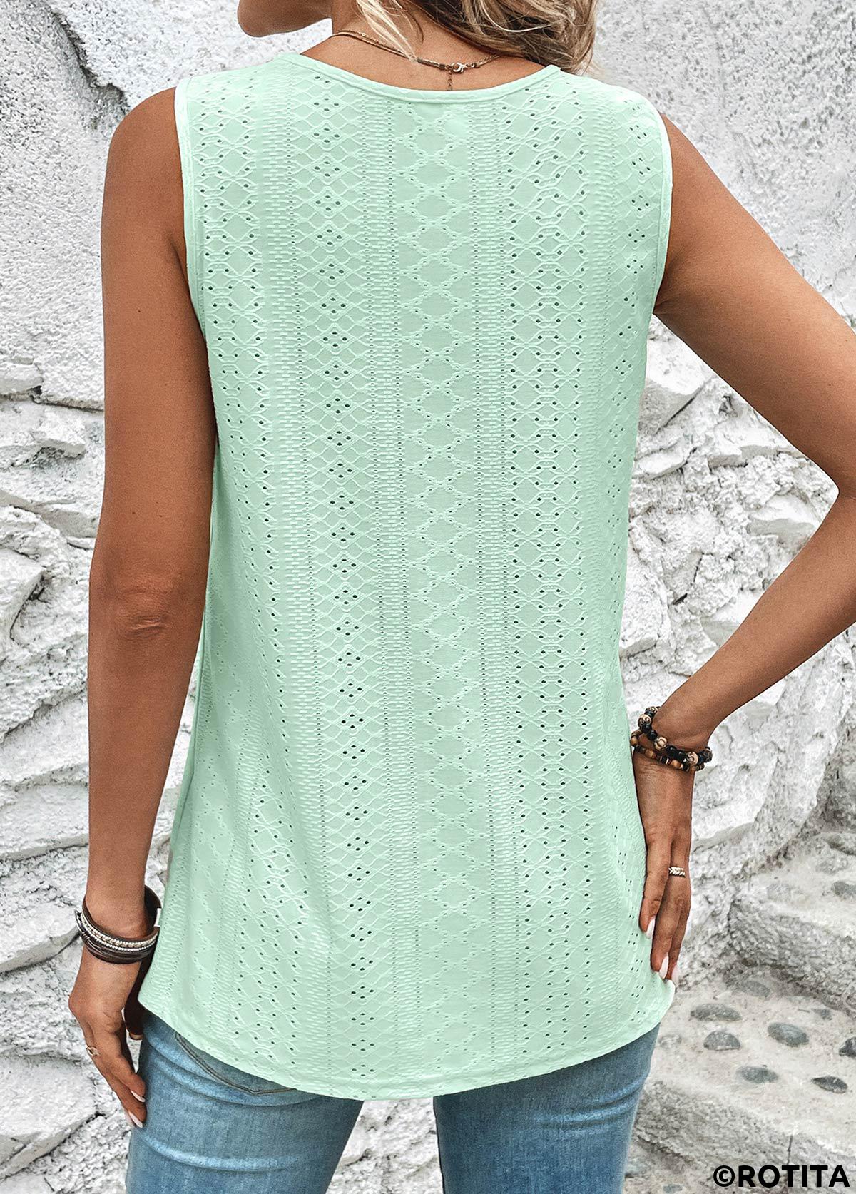 Light Green tops,Plain Color tops,ROTITA Cut Out Light Green Round Neck Tank Top