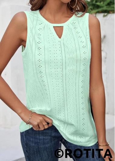 Light Green tops,Plain Color tops,ROTITA Cut Out Light Green Round Neck Tank Top