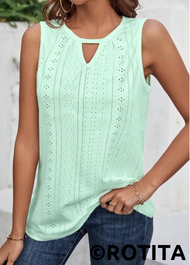 Light Green tops,Plain Color tops,ROTITA Cut Out Light Green Round Neck Tank Top