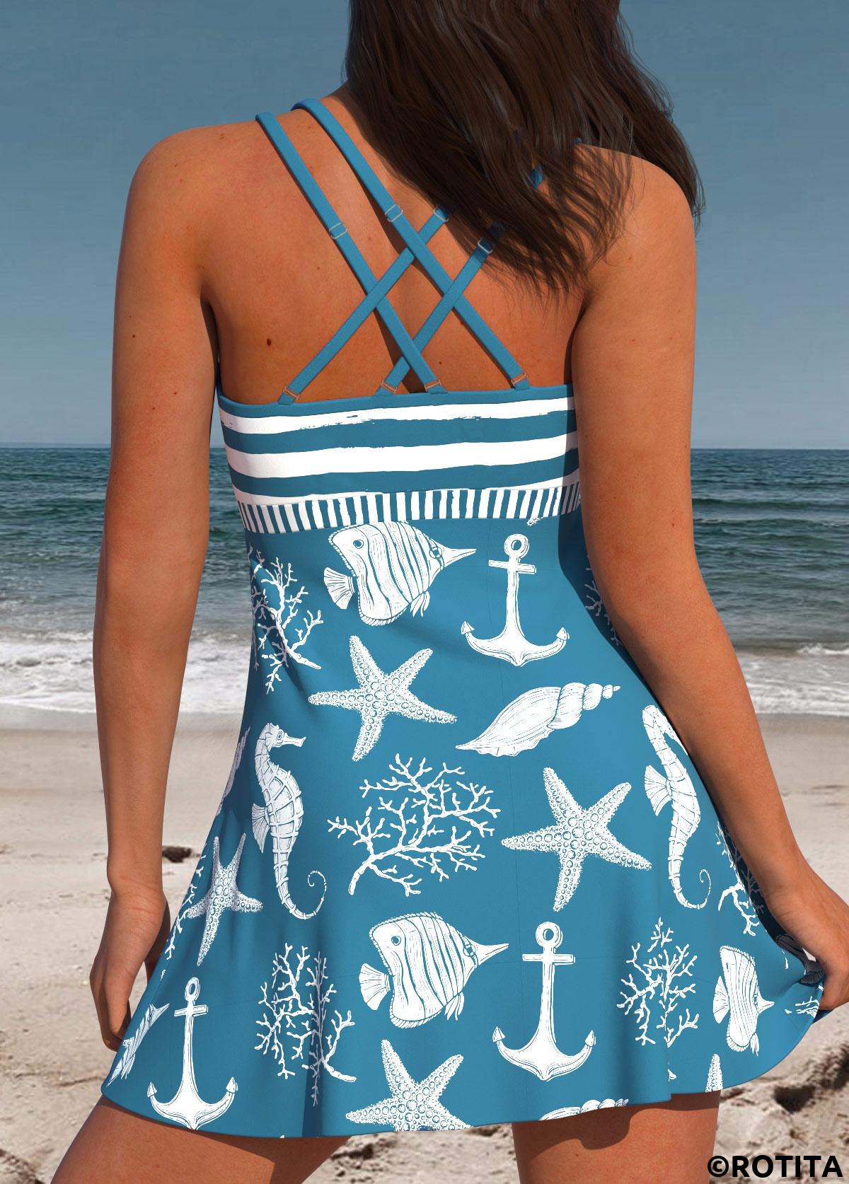 Dusty Blue swimwear,Striped swimwear,Plants swimwear,Animal Print swimwear,ROTITA Criss Cross Dusty Blue Striped Swimdress Top