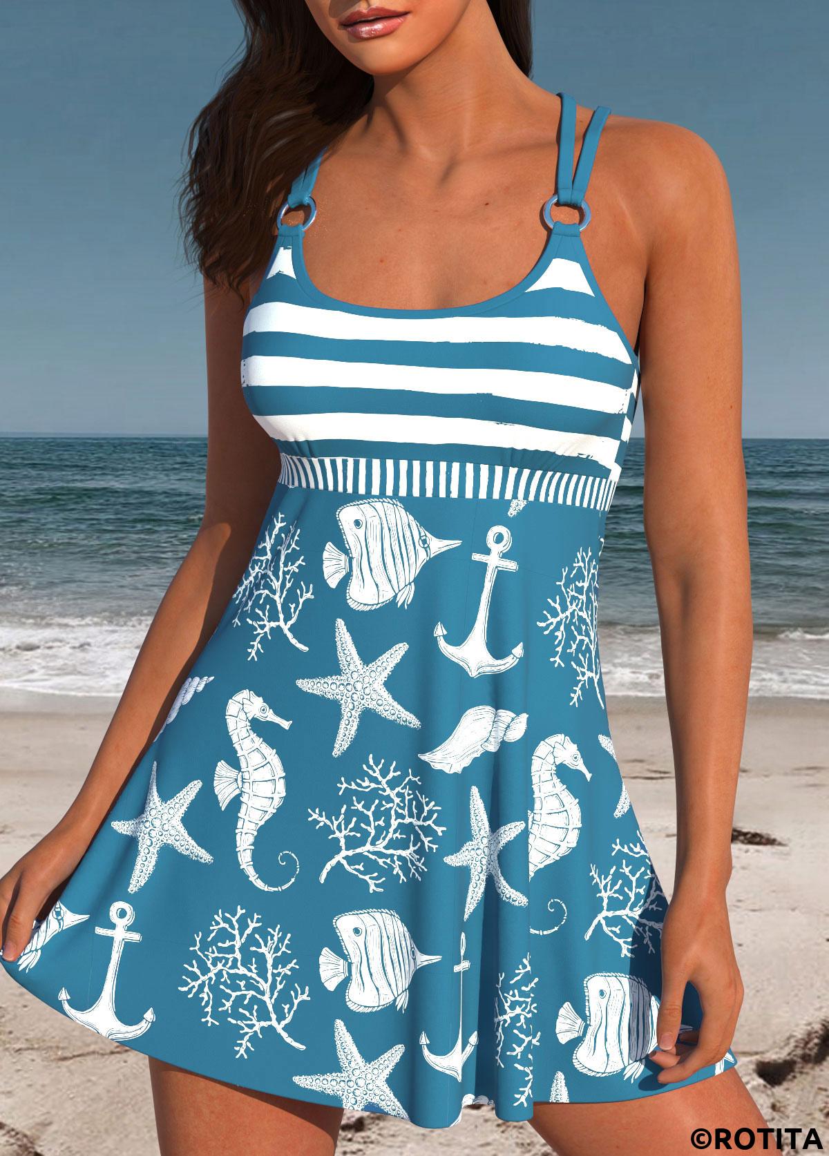 Dusty Blue swimwear,Striped swimwear,Plants swimwear,Animal Print swimwear,ROTITA Criss Cross Dusty Blue Striped Swimdress Top