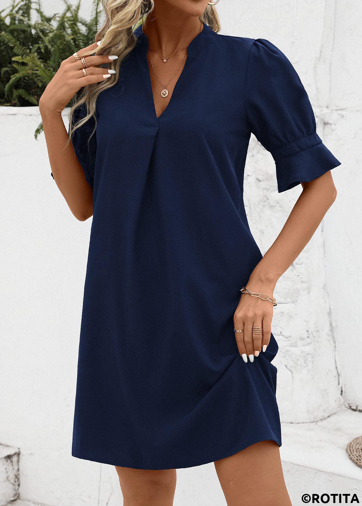 Navy dresses,Plain Color dresses,Everyday dresses,Casual dresses,ROTITA Split Navy H Shape Half Sleeve Dress