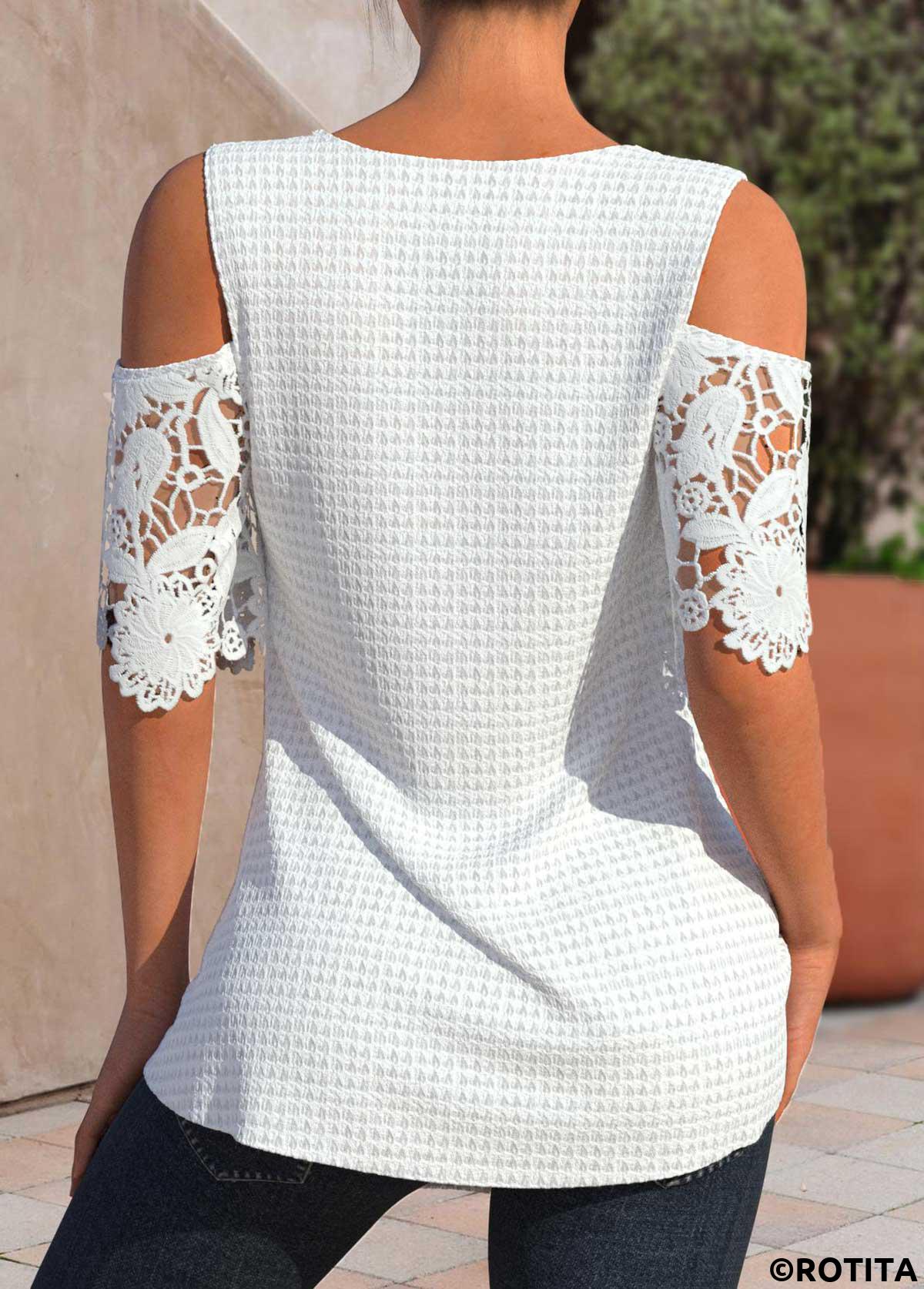 White tops,Plain Color tops,ROTITA Patchwork White V Neck Half Sleeve T Shirt