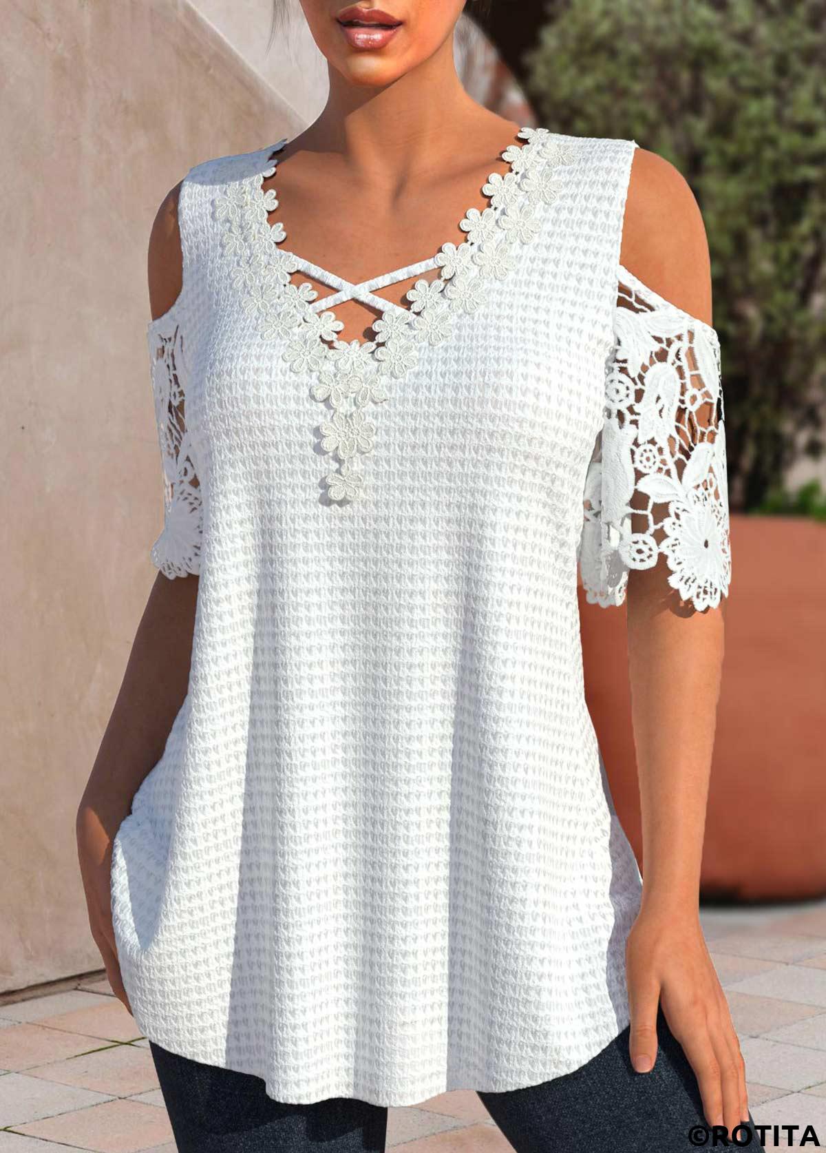 White tops,Plain Color tops,ROTITA Patchwork White V Neck Half Sleeve T Shirt