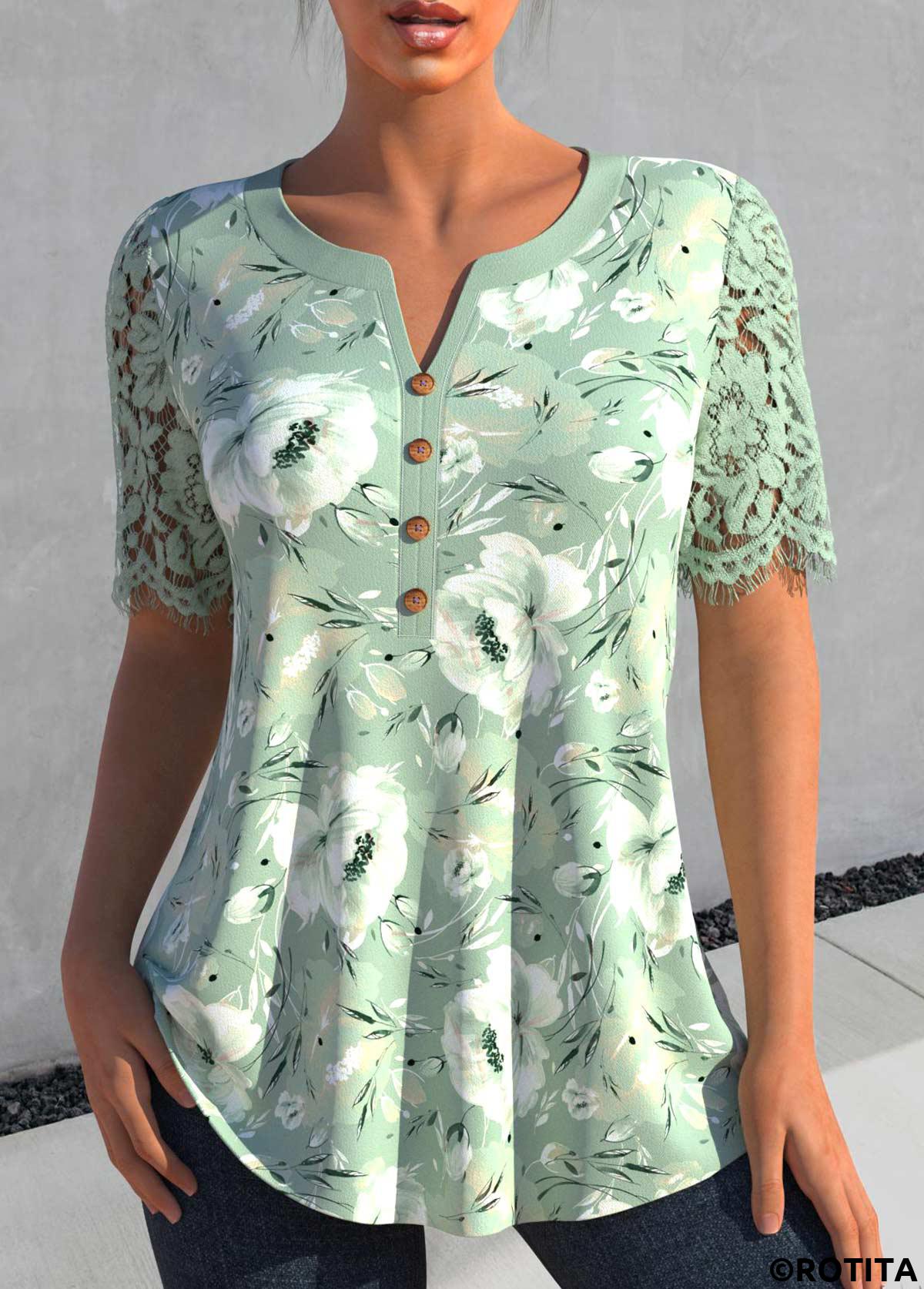 Sage Green tops,Floral tops,Plants tops,ROTITA Lace Floral Print Sage Green Split Neck Blouse