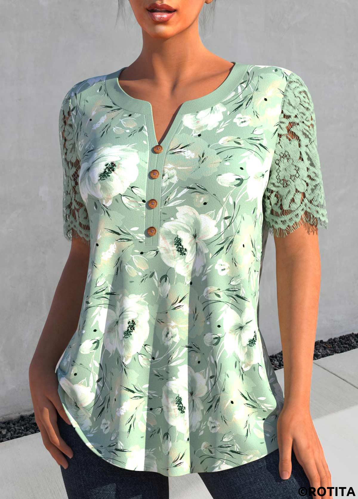 Sage Green tops,Floral tops,Plants tops,ROTITA Lace Floral Print Sage Green Split Neck Blouse