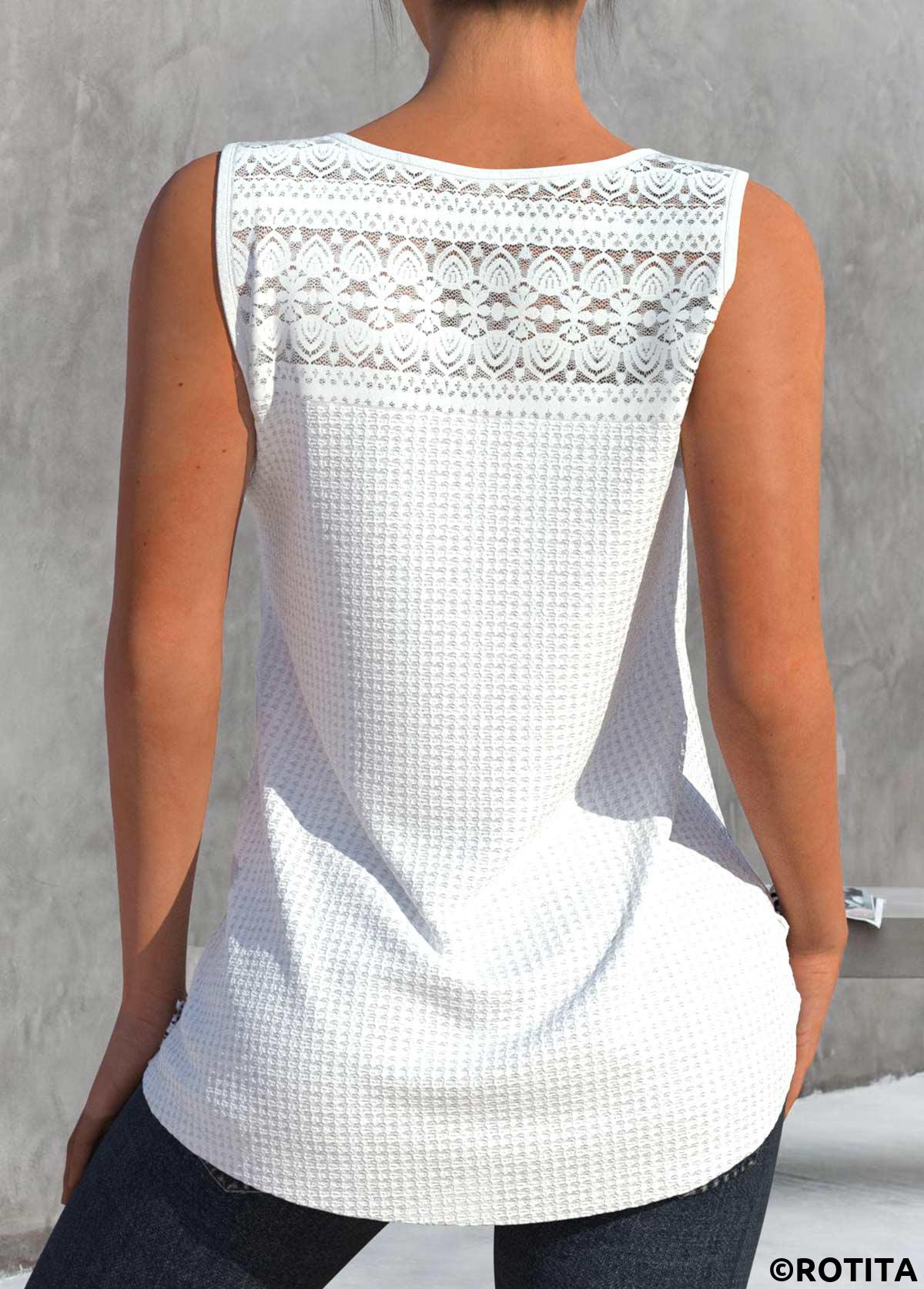 White tops,Plain Color tops,ROTITA Lace White V Neck Tank Top