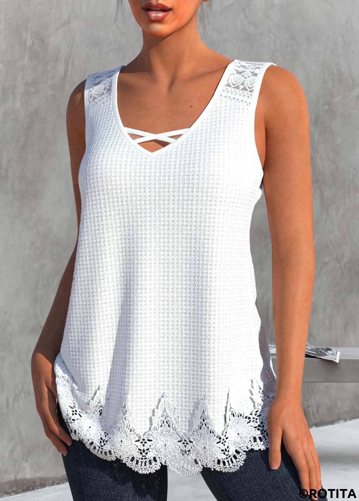 White tops,Plain Color tops,ROTITA Lace White V Neck Tank Top