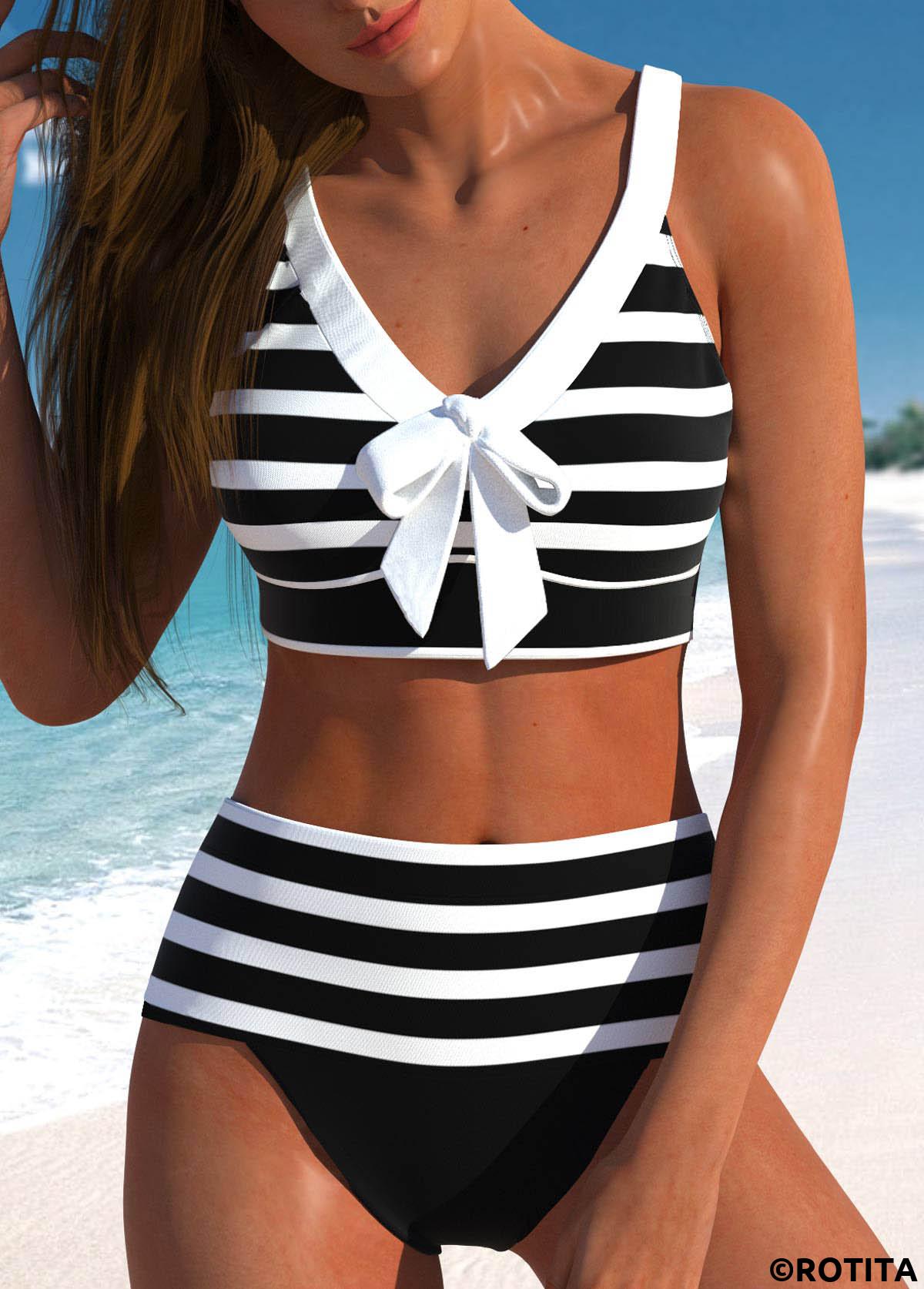 Black plus size,White plus size,Striped plus size,ROTITA Plus Size Bowknot Striped Black Bikini Top