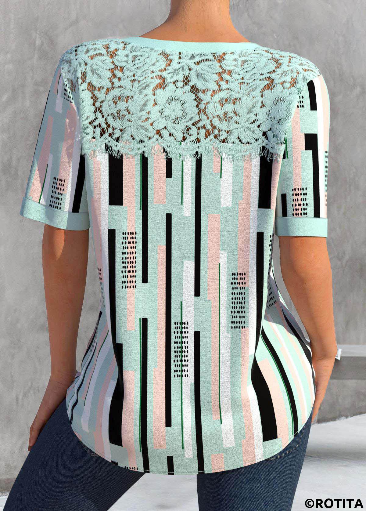 Green tops,Striped tops,ROTITA Lace Striped Green Split Neck Short Sleeve Blouse