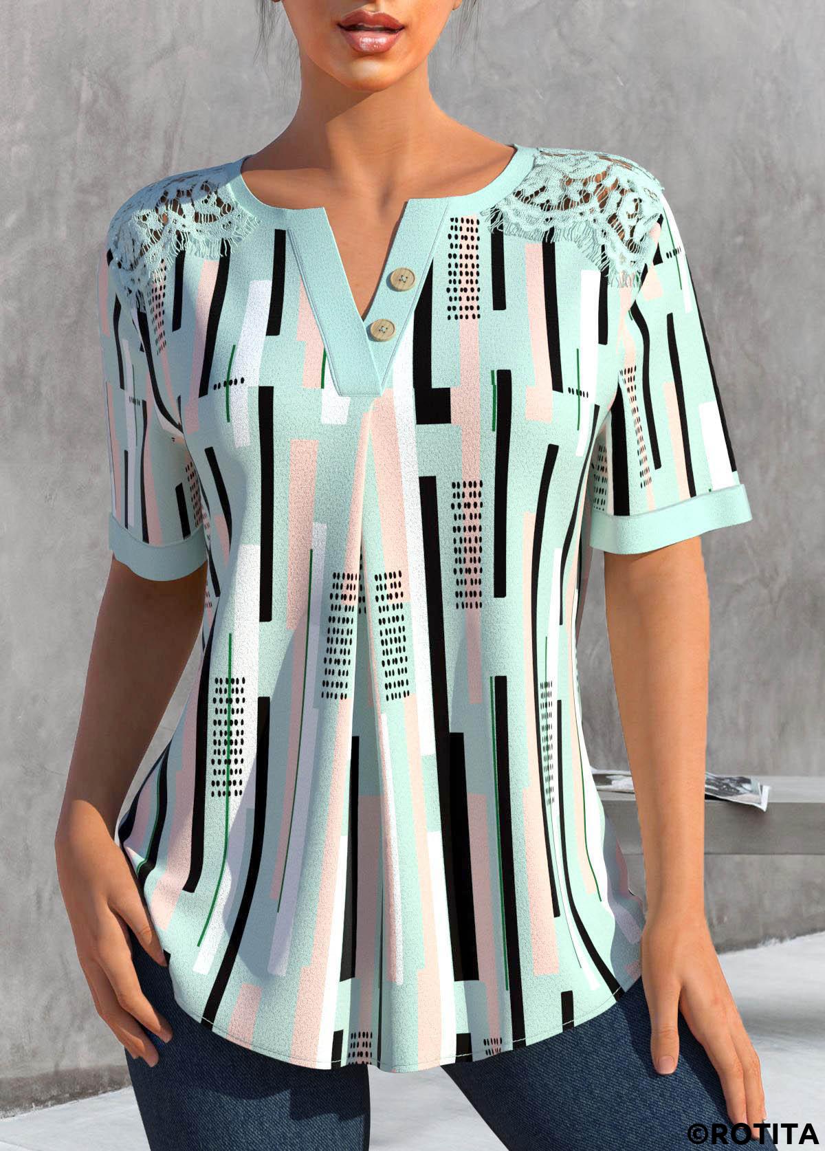 Green tops,Striped tops,ROTITA Lace Striped Green Split Neck Short Sleeve Blouse