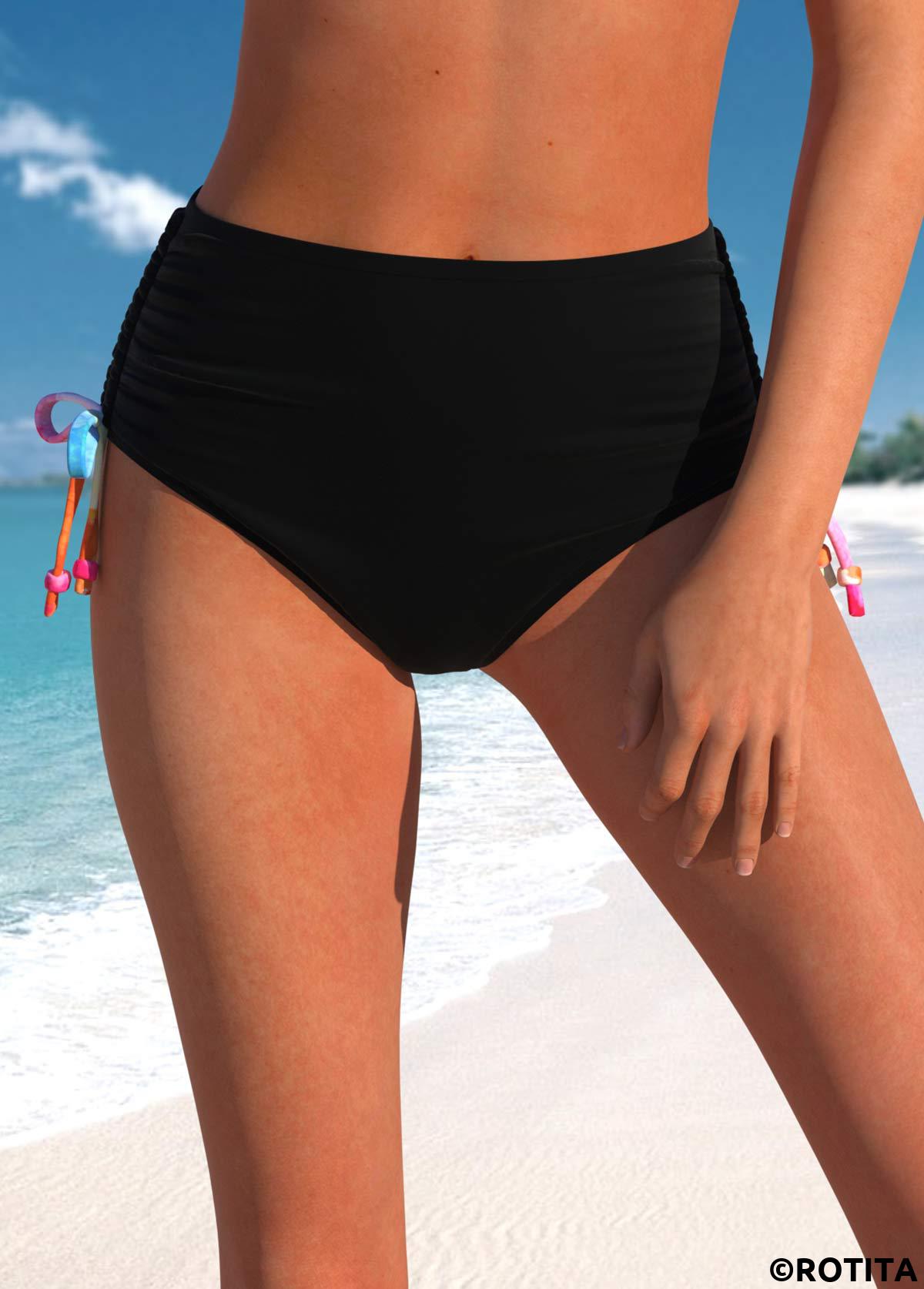 Black swimwear,Plain Color swimwear,ROTITA High Waisted Black Drawstring Bikini Bottom