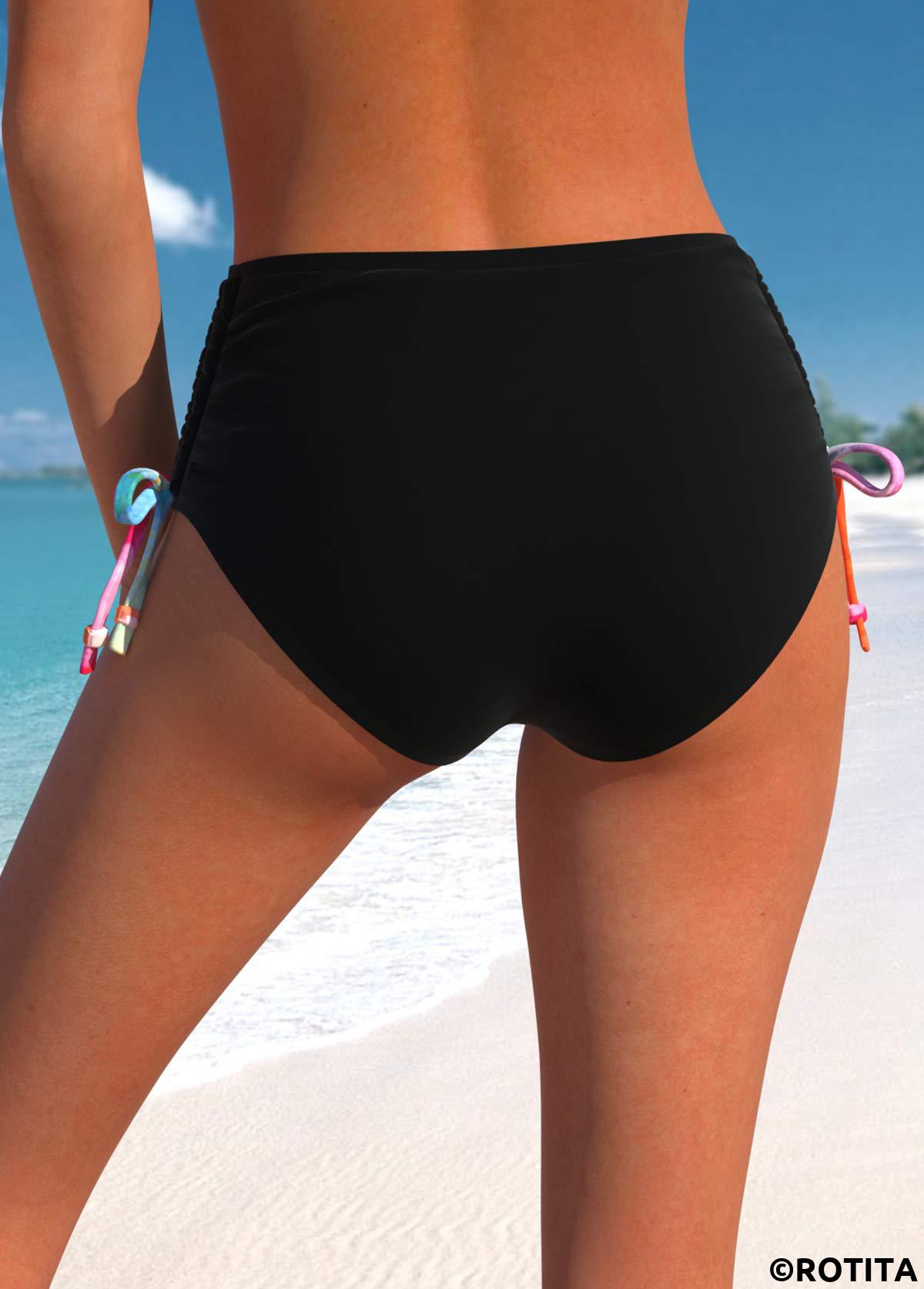 Black swimwear,Plain Color swimwear,ROTITA High Waisted Black Drawstring Bikini Bottom