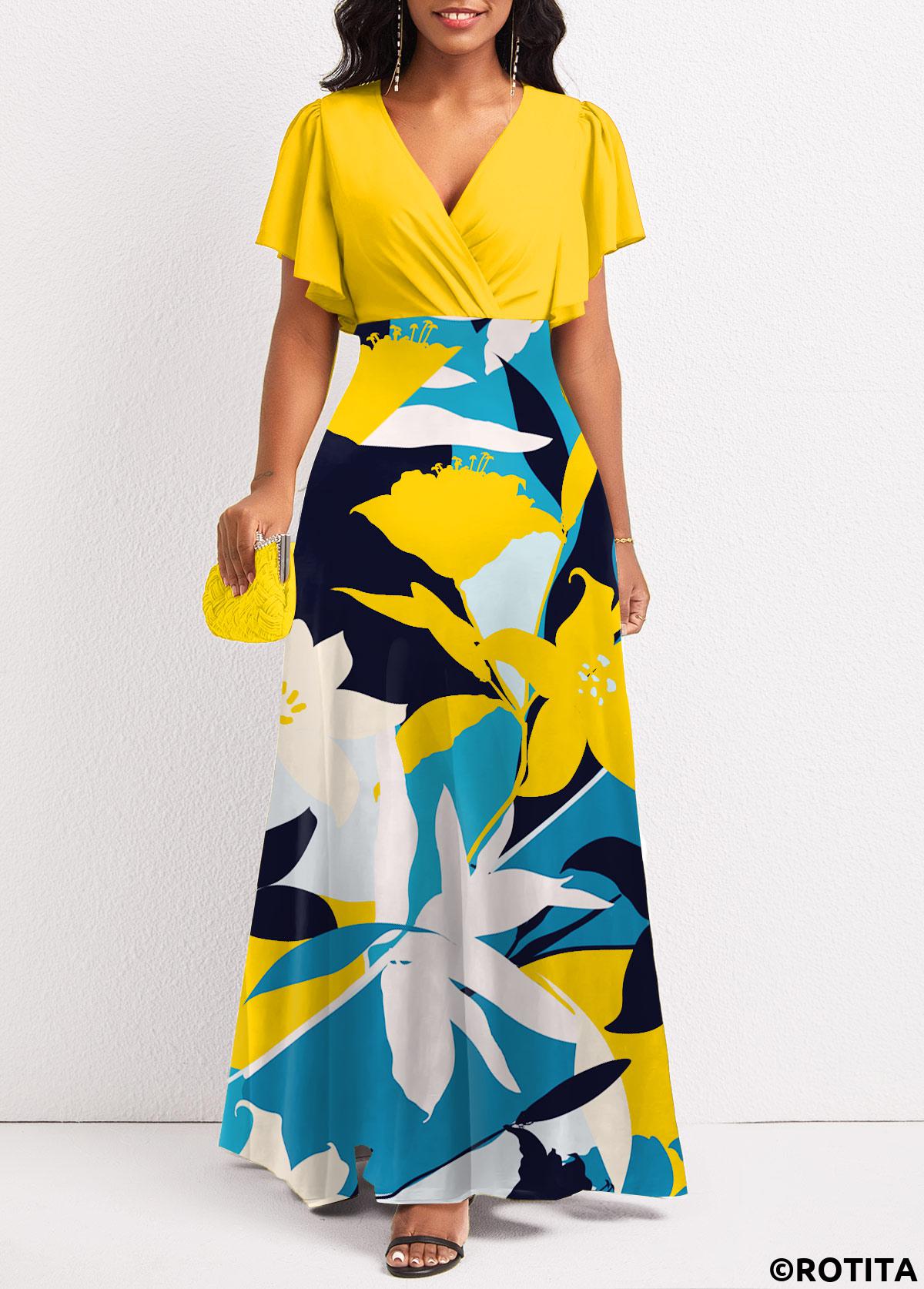 Multi Color dresses,Plants dresses,Party dresses,Elegant dresses,ROTITA Surplice Plants Print Multi Color Maxi Dress