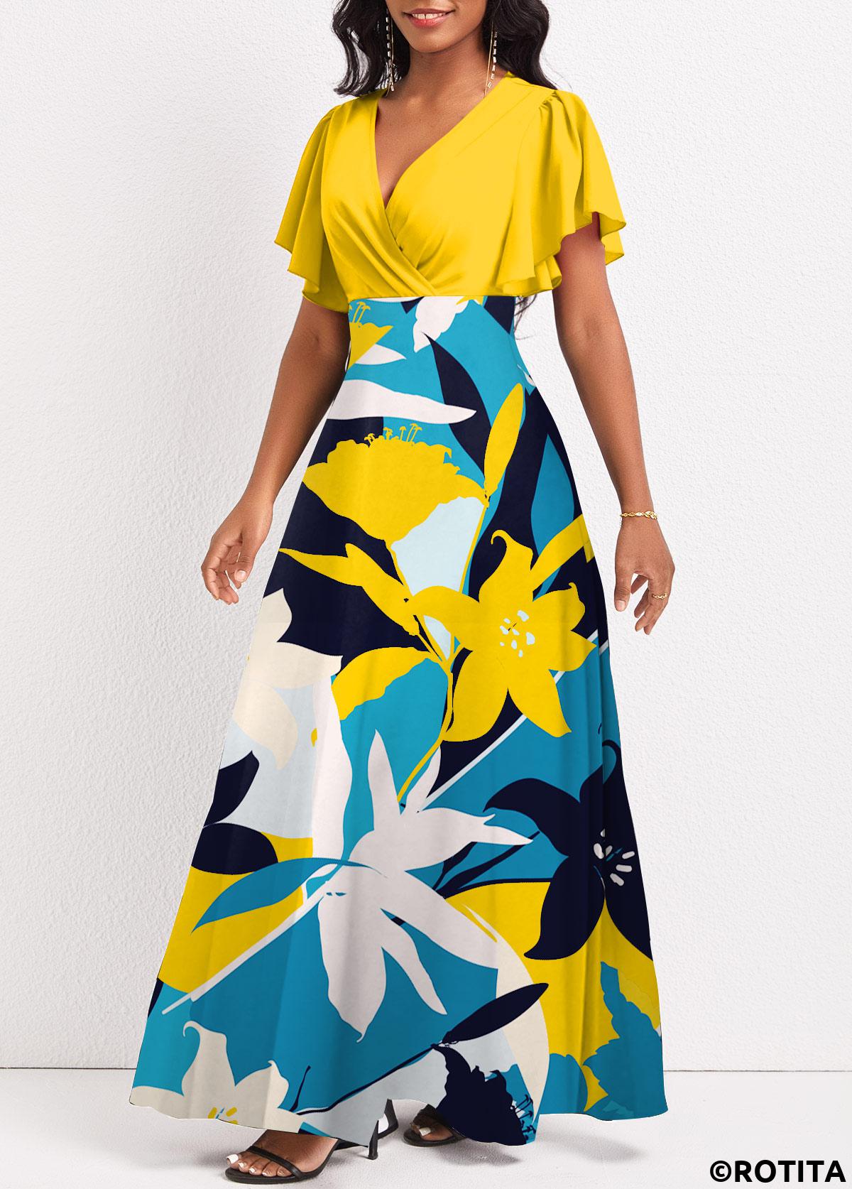 Multi Color dresses,Plants dresses,Party dresses,Elegant dresses,ROTITA Surplice Plants Print Multi Color Maxi Dress