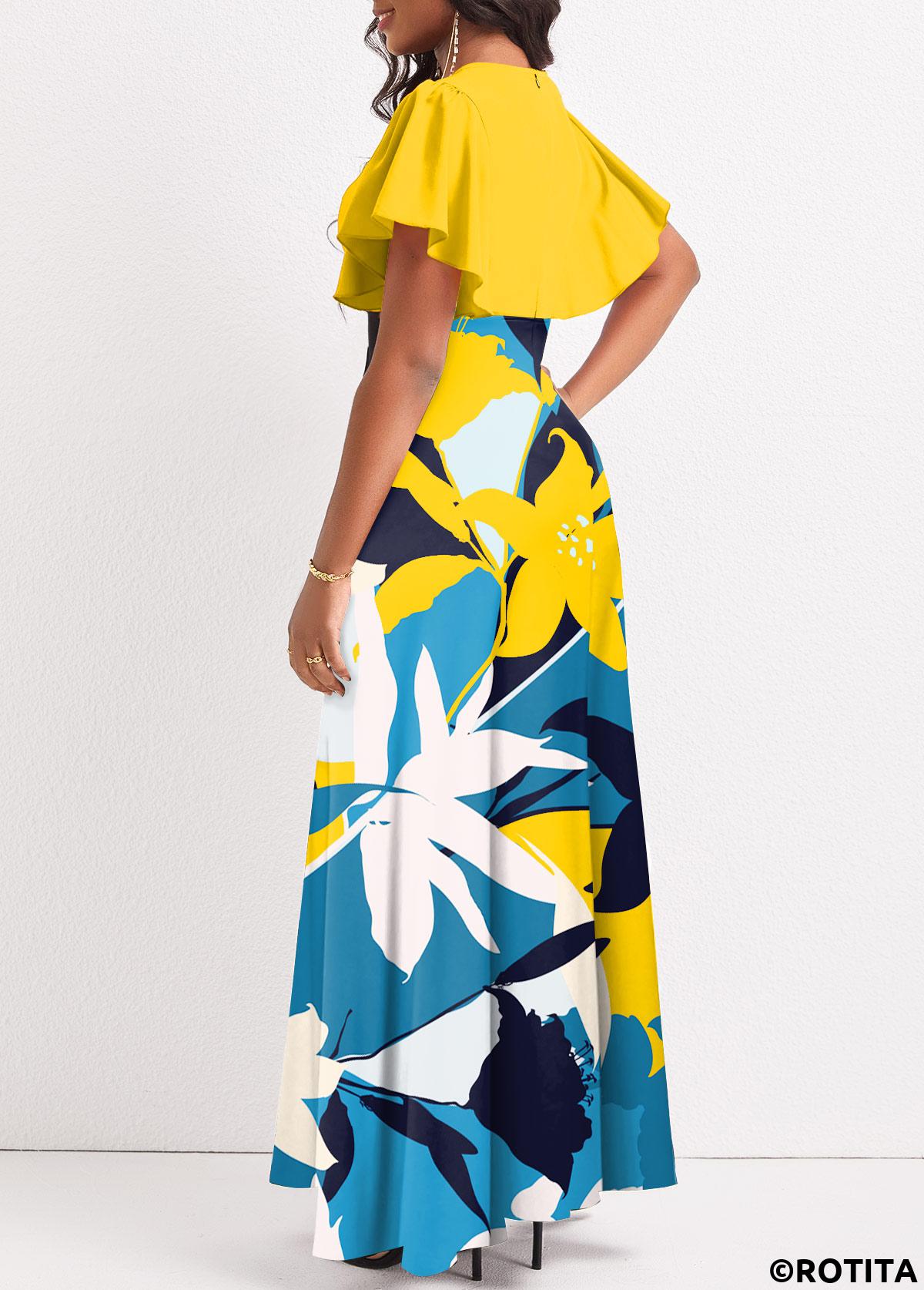 Multi Color dresses,Plants dresses,Party dresses,Elegant dresses,ROTITA Surplice Plants Print Multi Color Maxi Dress