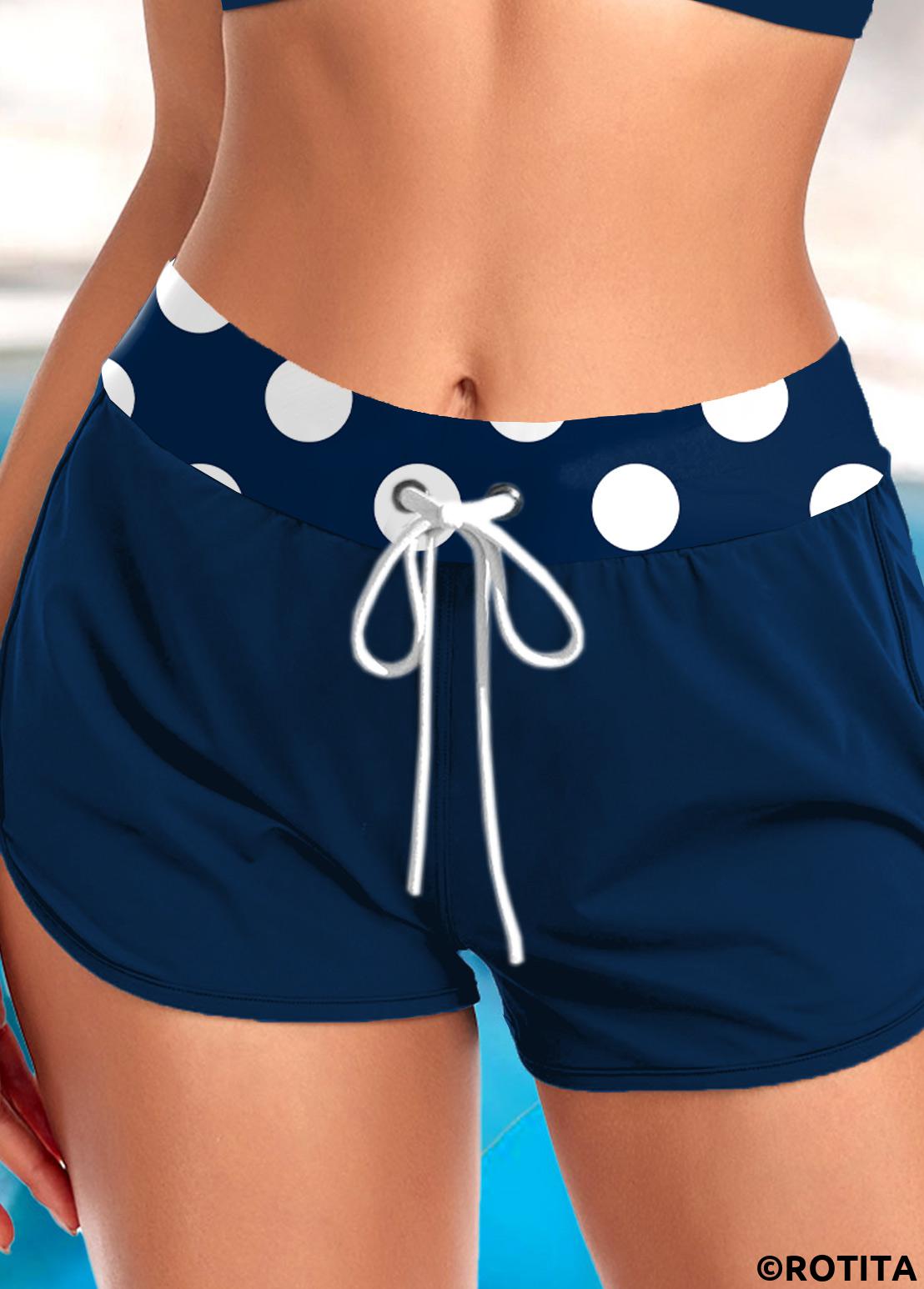 Navy swimwear,Dot swimwear,Geometric swimwear,ROTITA Navy Polka Dot Mid Waisted Swim Shorts