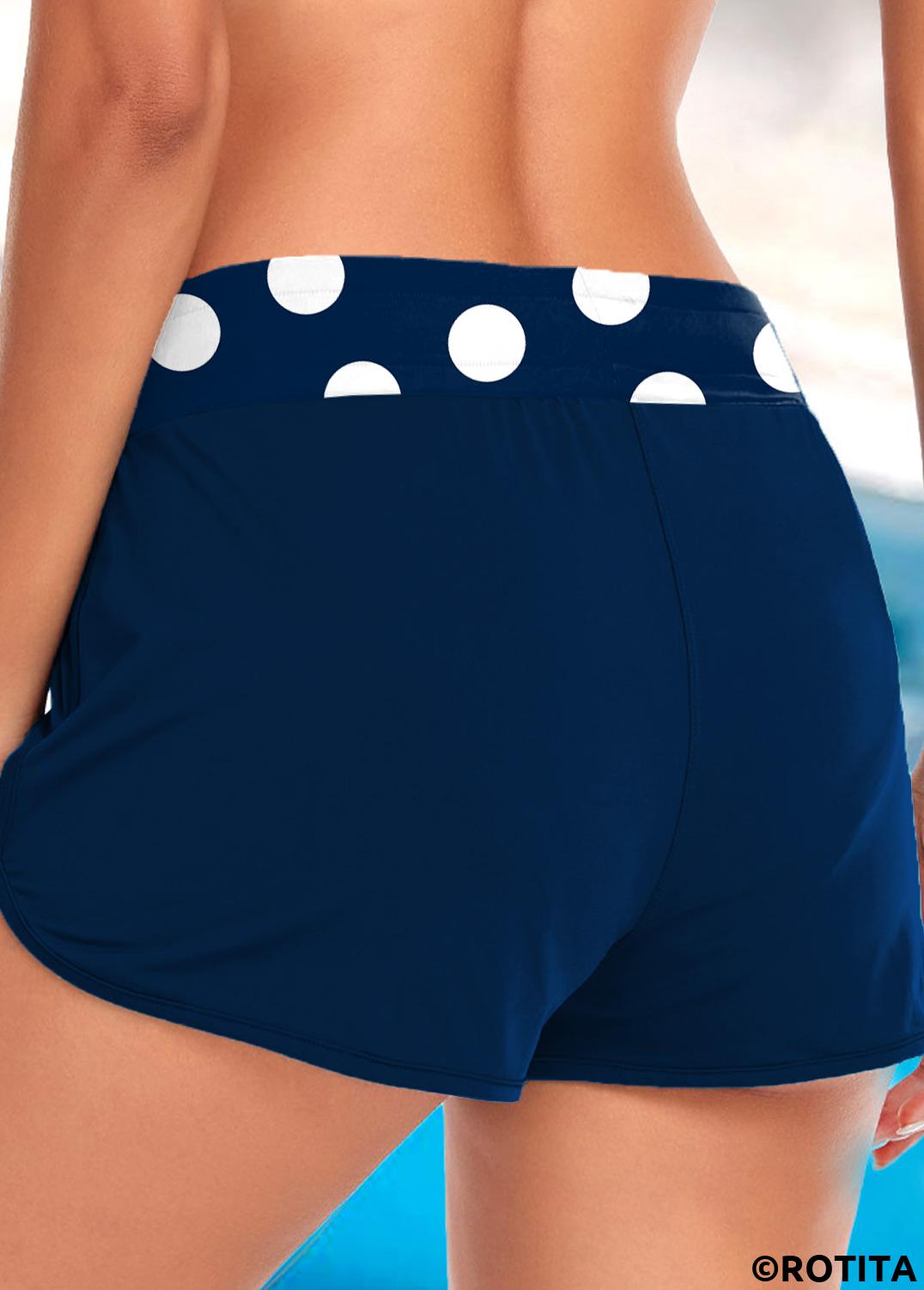 Navy swimwear,Dot swimwear,Geometric swimwear,ROTITA Navy Polka Dot Mid Waisted Swim Shorts