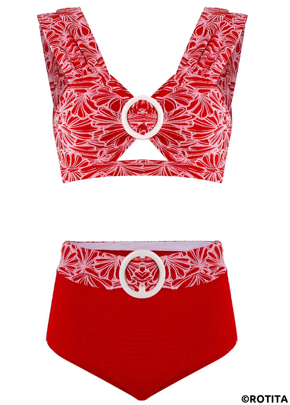 Red swimwear,Floral swimwear,ROTITA Jacquard Red Floral Print Bikini Top