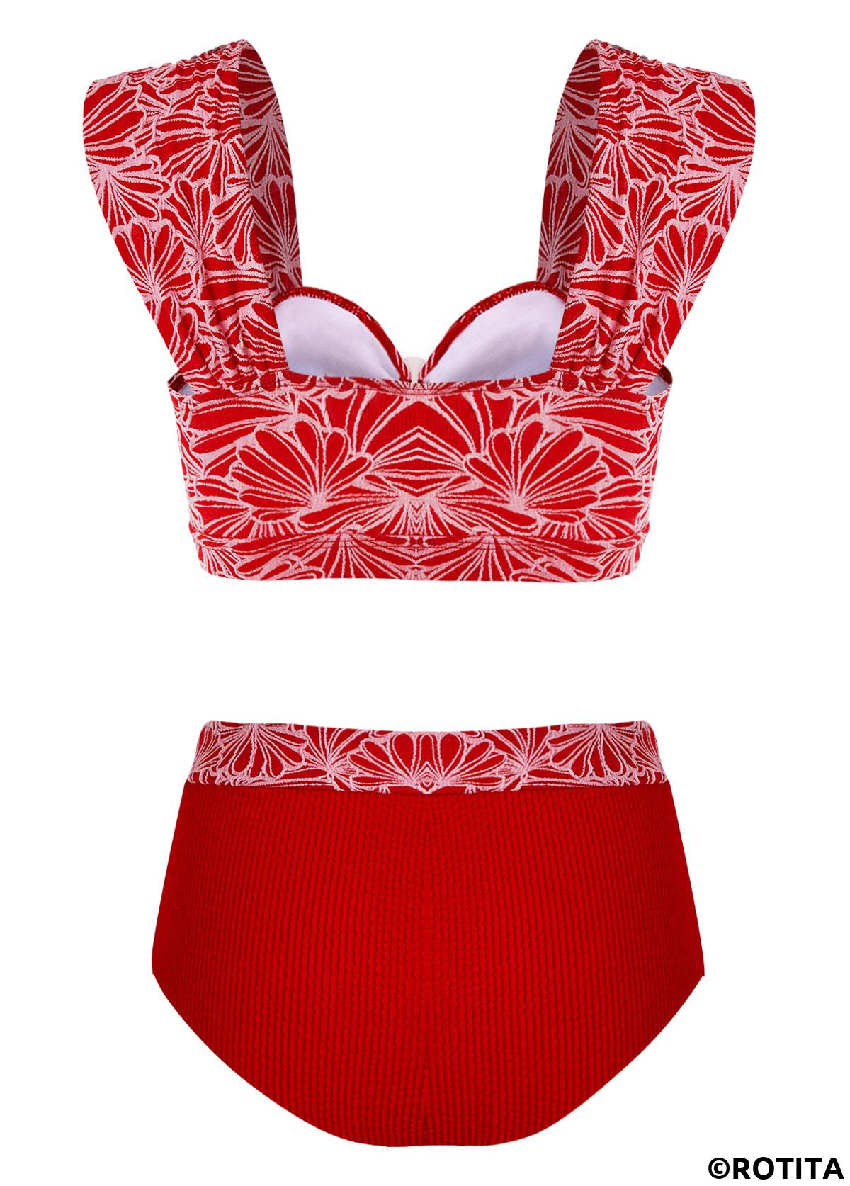 Red swimwear,Floral swimwear,ROTITA Jacquard Red Floral Print Bikini Top