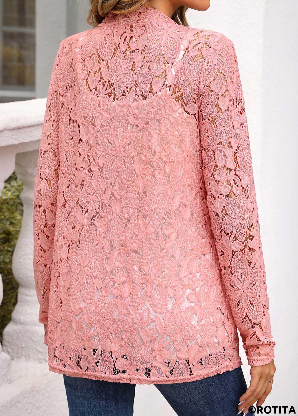 Pink tops,Plain Color tops,ROTITA Pink Scoop Neck Long Sleeve Cardigan and Tank Top