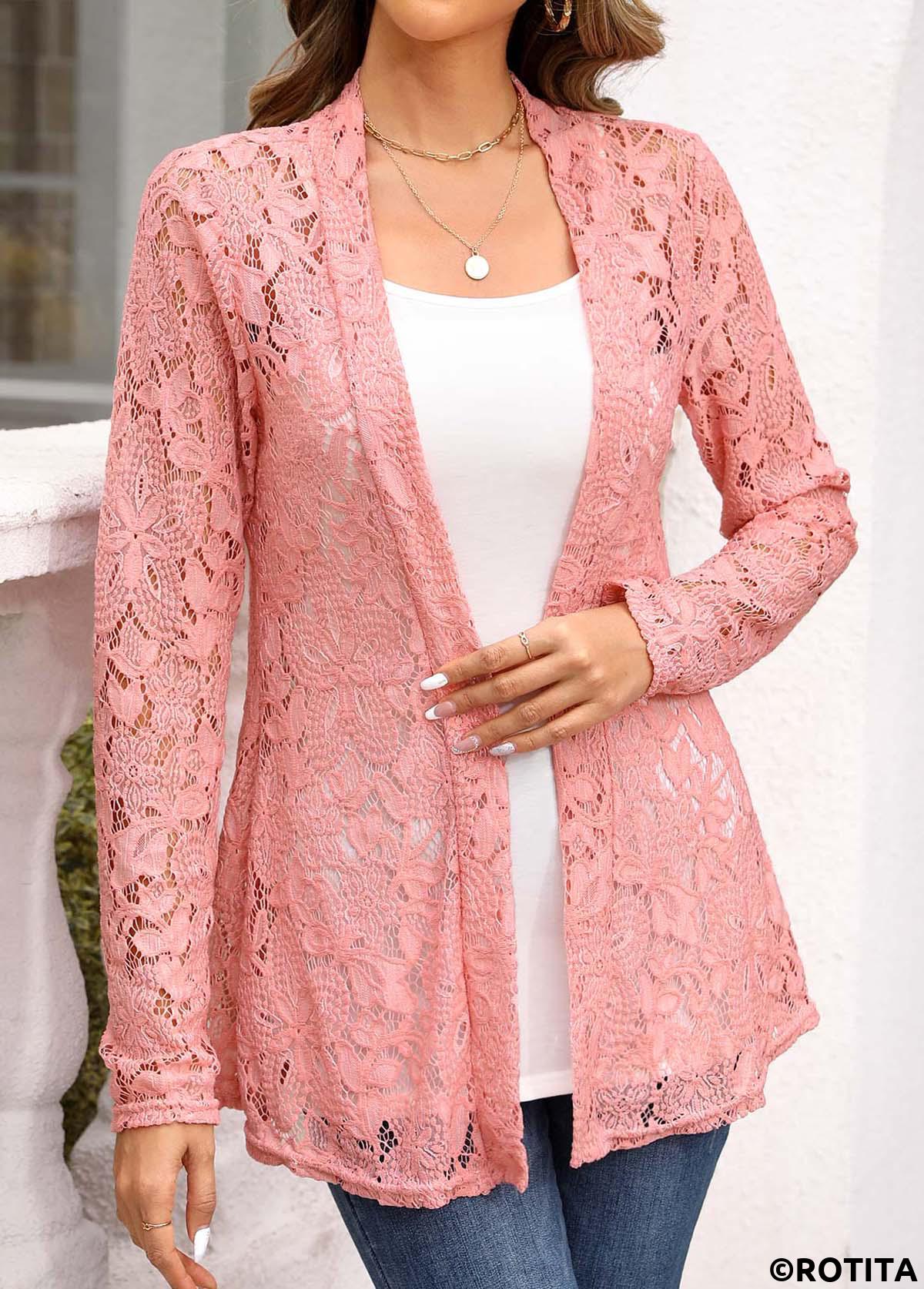 Pink tops,Plain Color tops,ROTITA Pink Scoop Neck Long Sleeve Cardigan and Tank Top