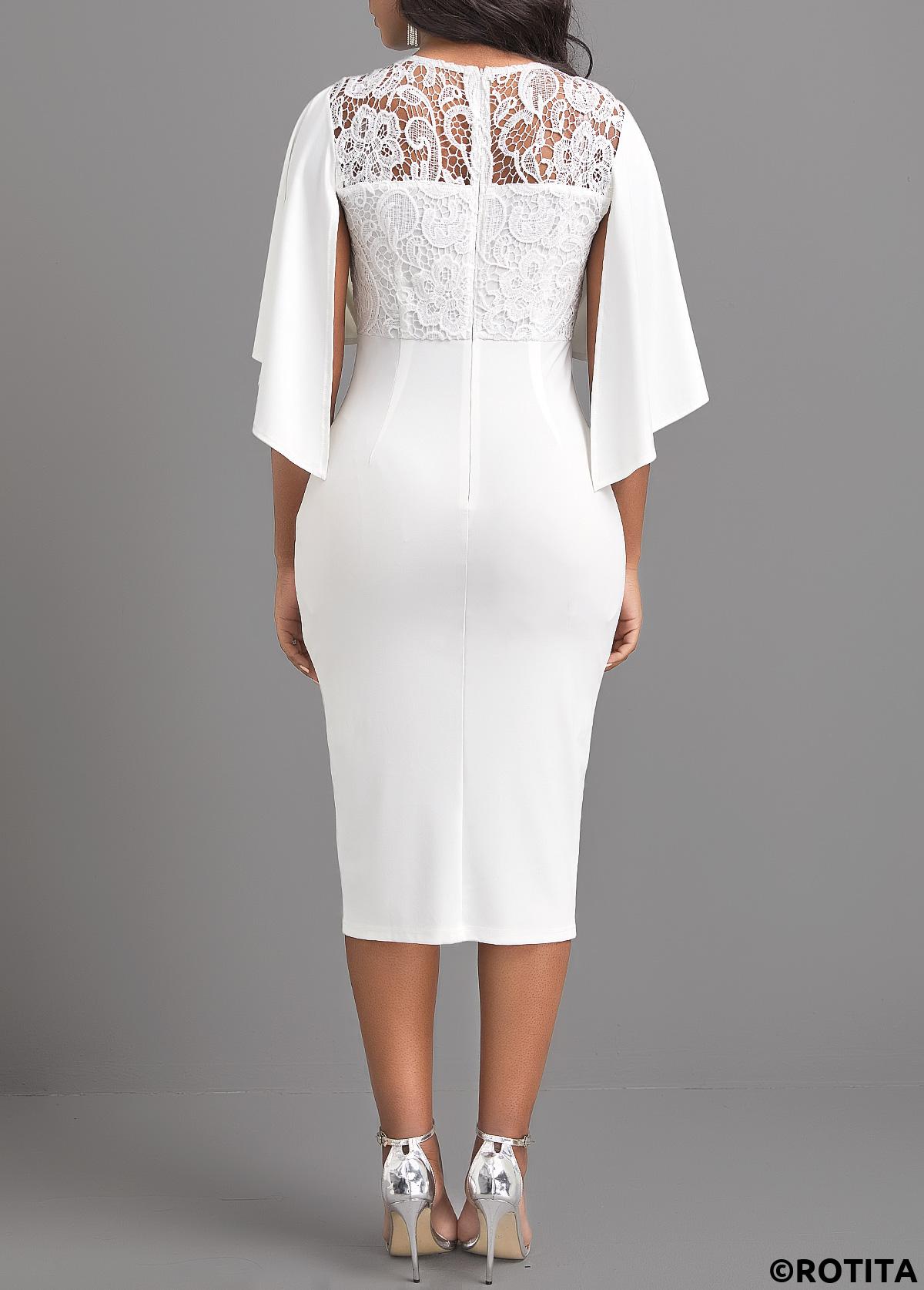 White dresses,Plain Color dresses,Party dresses,Elegant dresses,ROTITA Lace White Half Sleeve Bodycon Dress