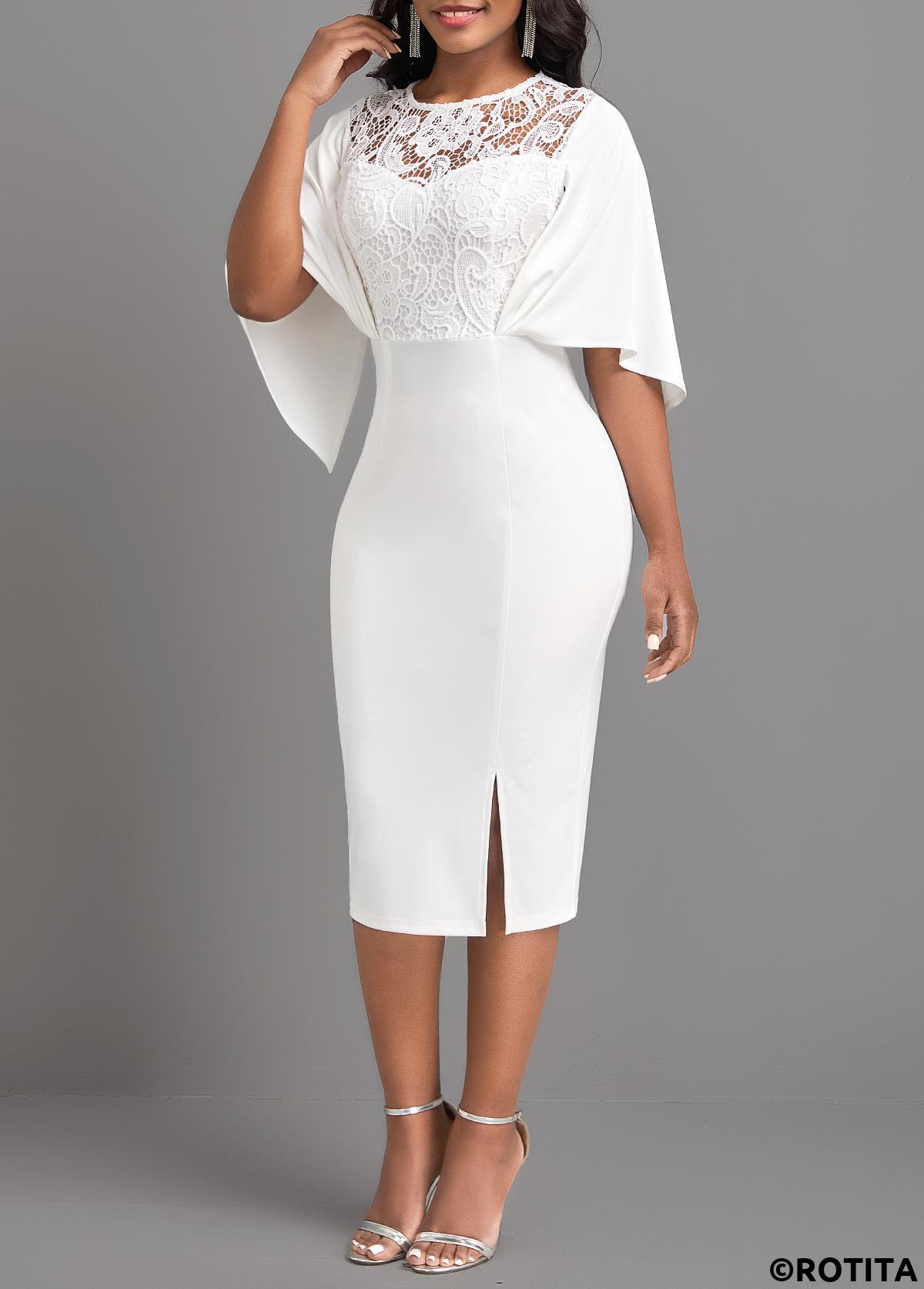 White dresses,Plain Color dresses,Party dresses,Elegant dresses,ROTITA Lace White Half Sleeve Bodycon Dress