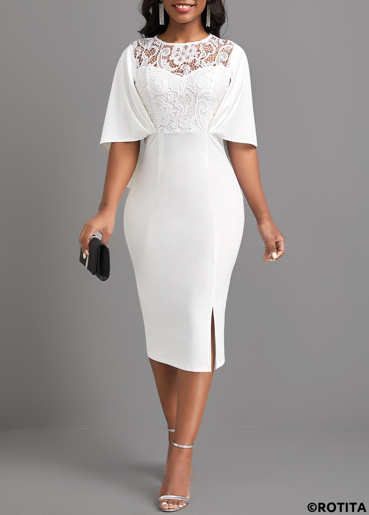 White dresses,Plain Color dresses,Party dresses,Elegant dresses,ROTITA Lace White Half Sleeve Bodycon Dress