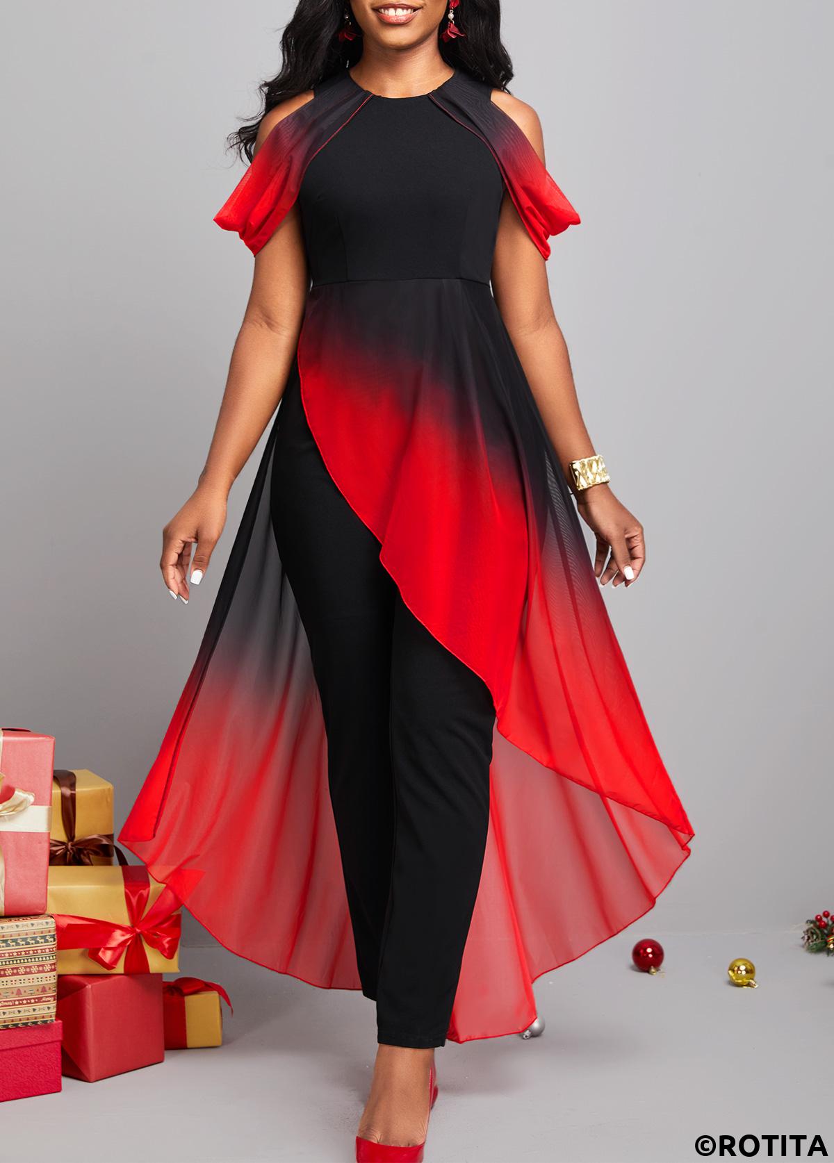 Red jumpsuits&rompers,Black jumpsuits&rompers,Ombre jumpsuits&rompers,ROTITA Asymmetry Ombre Red Ankle Length Round Neck Jumpsuit