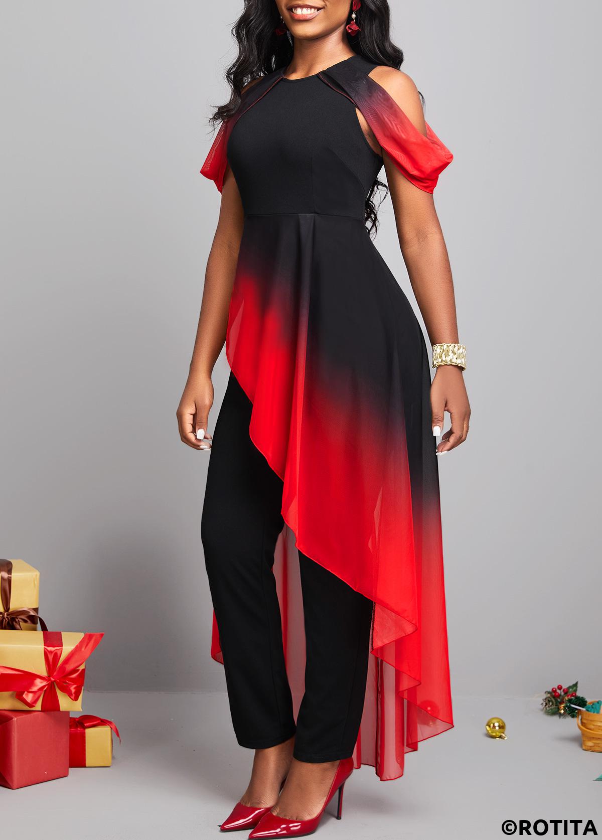 Red jumpsuits&rompers,Black jumpsuits&rompers,Ombre jumpsuits&rompers,ROTITA Asymmetry Ombre Red Ankle Length Round Neck Jumpsuit