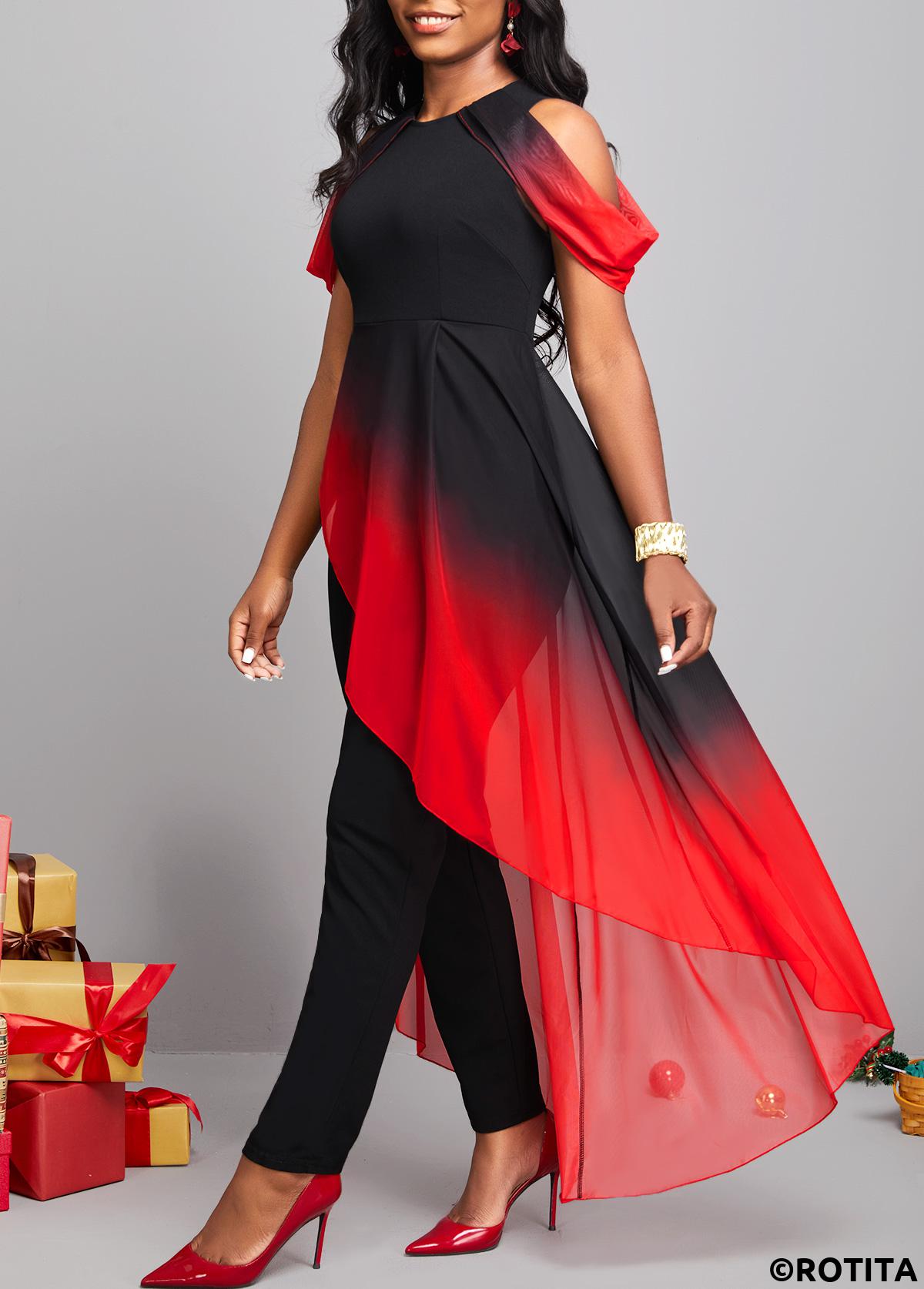 Red jumpsuits&rompers,Black jumpsuits&rompers,Ombre jumpsuits&rompers,ROTITA Asymmetry Ombre Red Ankle Length Round Neck Jumpsuit