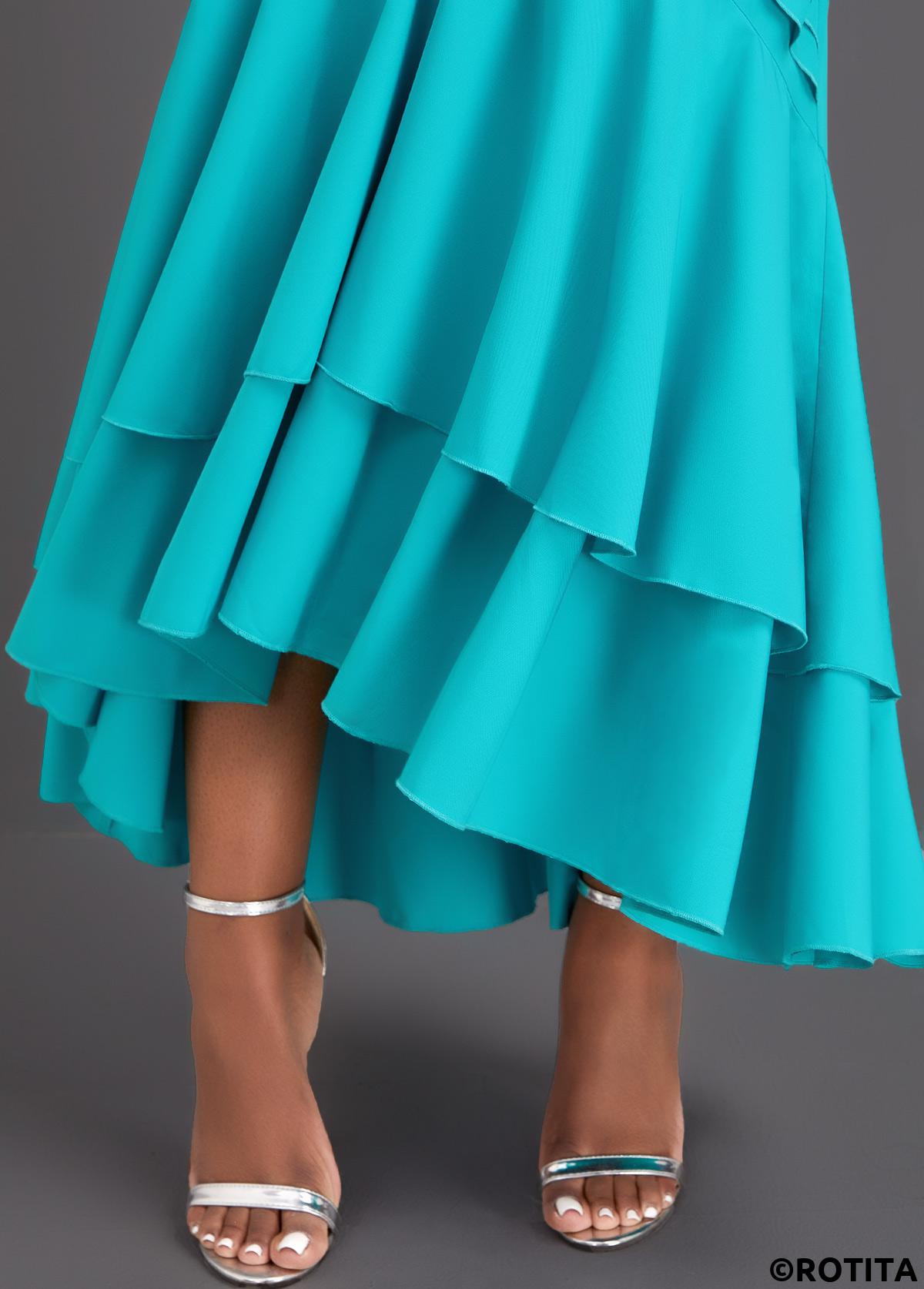 Cyan dresses,Plain Color dresses,Party dresses,Elegant dresses,ROTITA Mermaid Cyan Belted V Neck Sleeveless Bodycon Dress