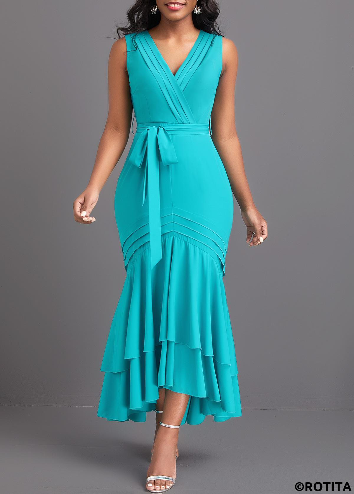 Cyan dresses,Plain Color dresses,Party dresses,Elegant dresses,ROTITA Mermaid Cyan Belted V Neck Sleeveless Bodycon Dress