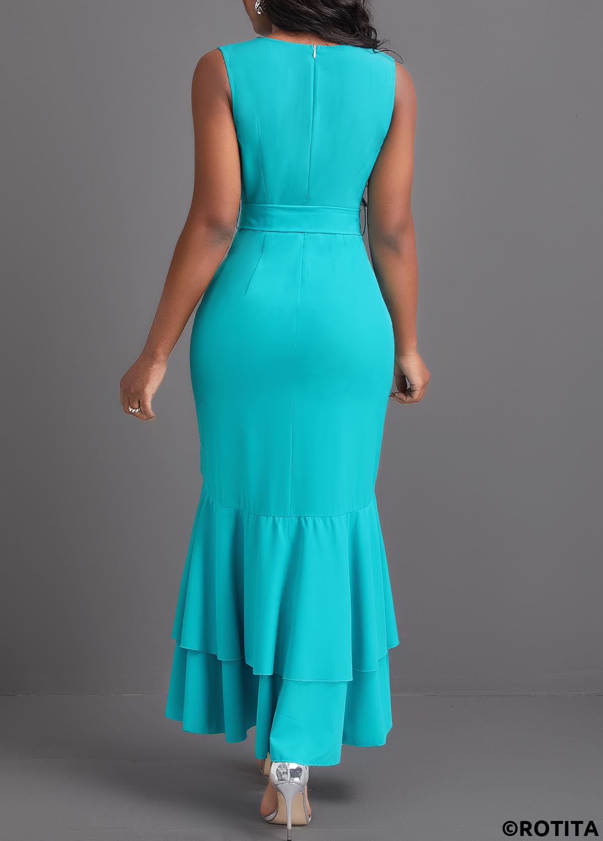 Cyan dresses,Plain Color dresses,Party dresses,Elegant dresses,ROTITA Mermaid Cyan Belted V Neck Sleeveless Bodycon Dress