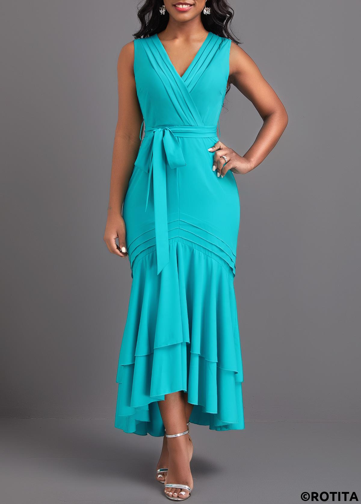 Cyan dresses,Plain Color dresses,Party dresses,Elegant dresses,ROTITA Mermaid Cyan Belted V Neck Sleeveless Bodycon Dress