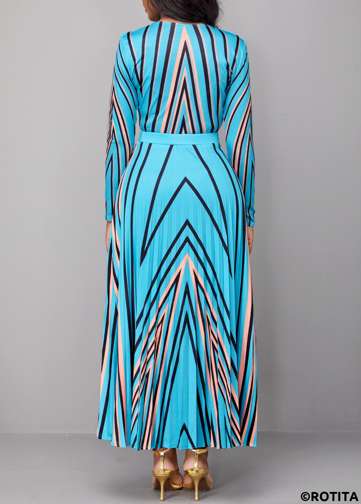 Light Blue dresses,Geometric dresses,Striped dresses,Party dresses,Elegant dresses,ROTITA Pleated Geometric Print Light Blue Maxi Dress