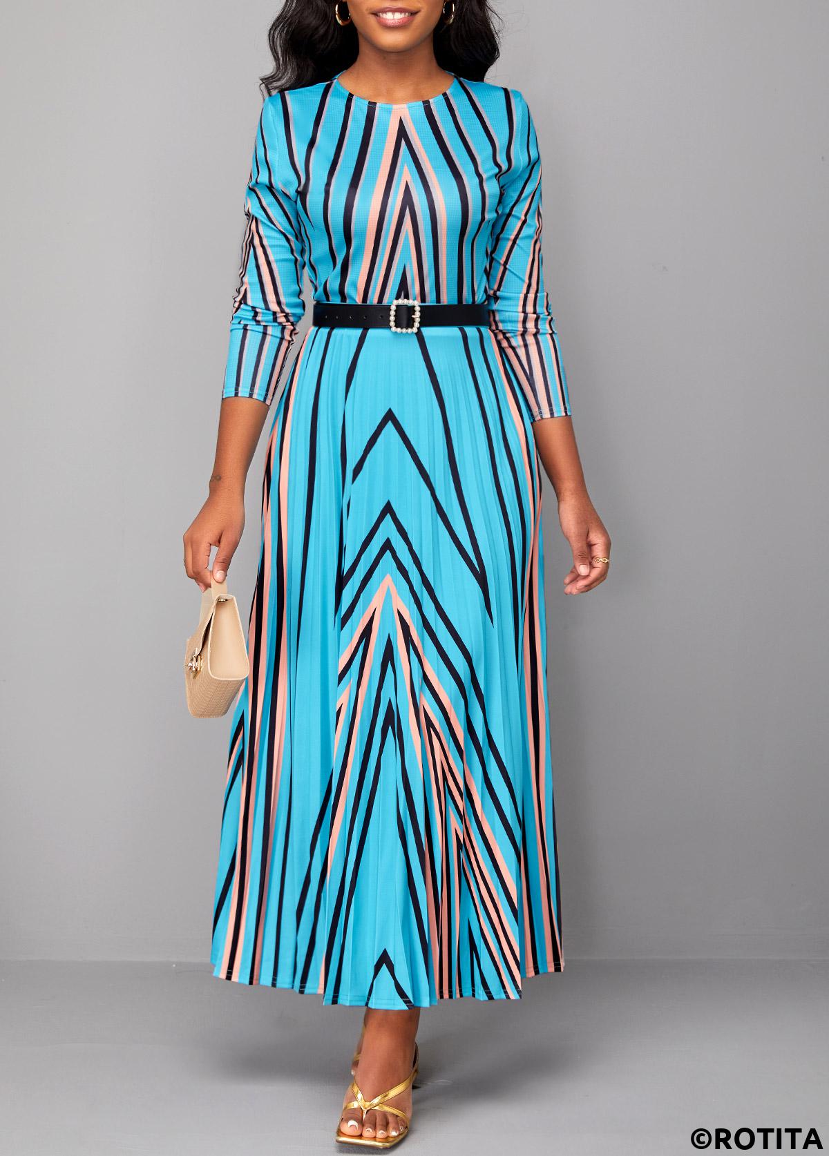 Light Blue dresses,Geometric dresses,Striped dresses,Party dresses,Elegant dresses,ROTITA Pleated Geometric Print Light Blue Maxi Dress