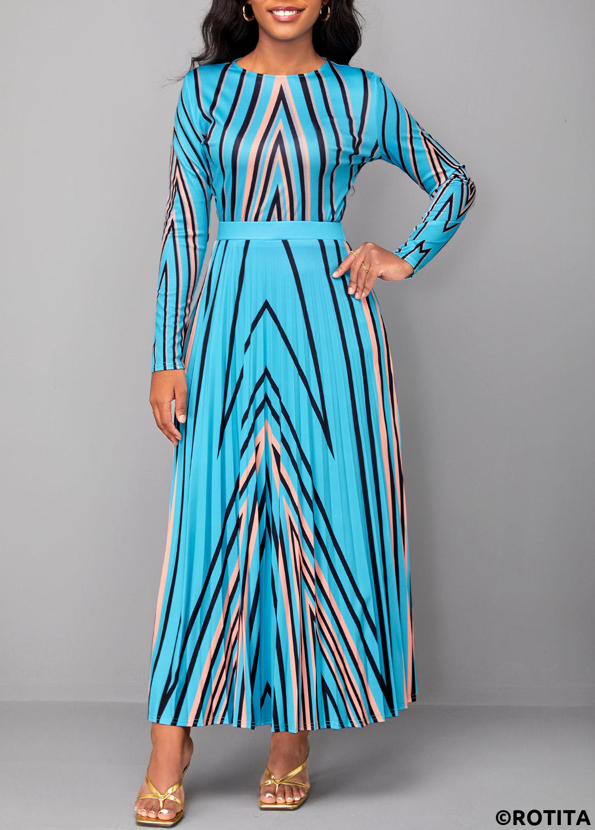 Light Blue dresses,Geometric dresses,Striped dresses,Party dresses,Elegant dresses,ROTITA Pleated Geometric Print Light Blue Maxi Dress
