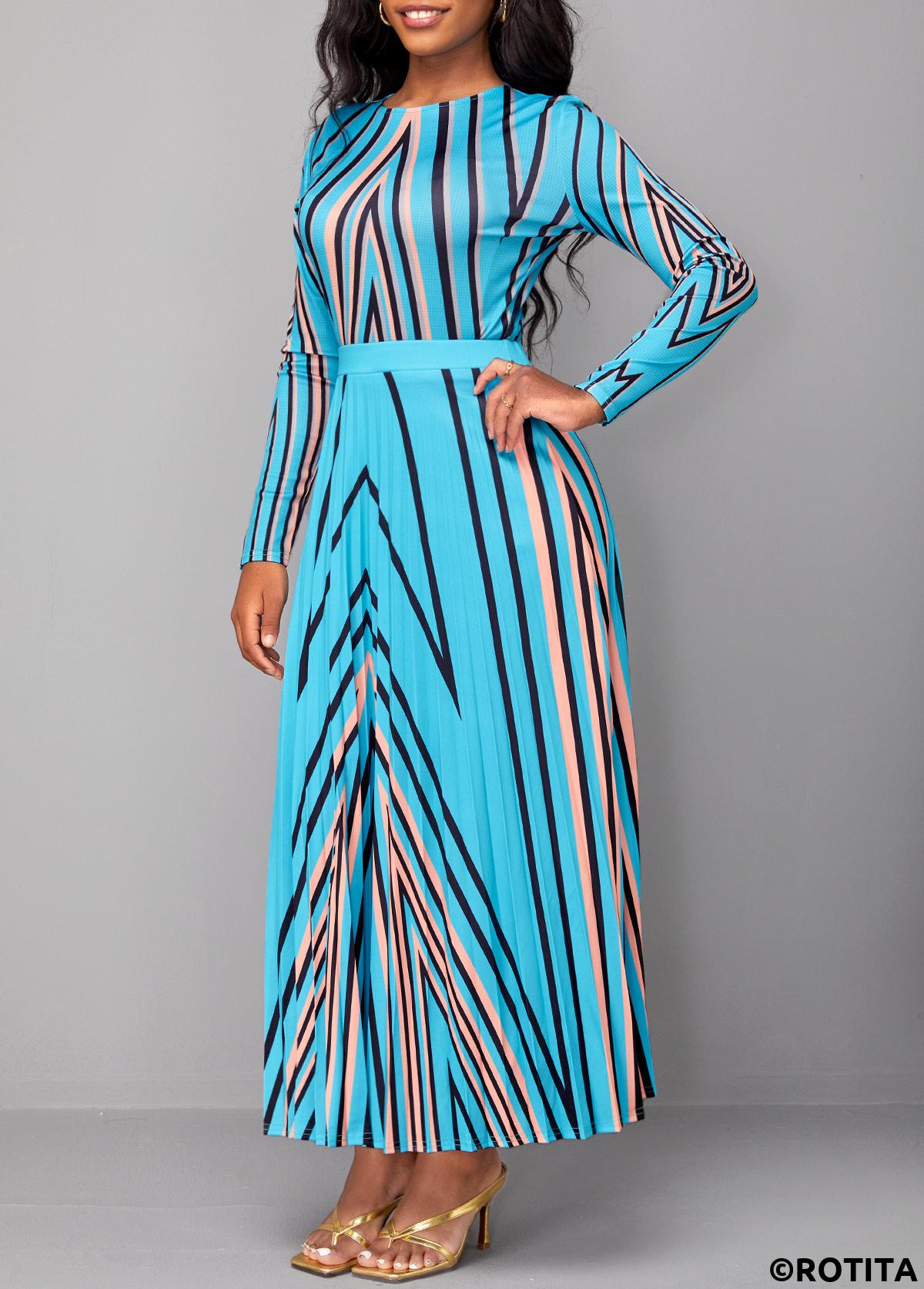 Light Blue dresses,Geometric dresses,Striped dresses,Party dresses,Elegant dresses,ROTITA Pleated Geometric Print Light Blue Maxi Dress