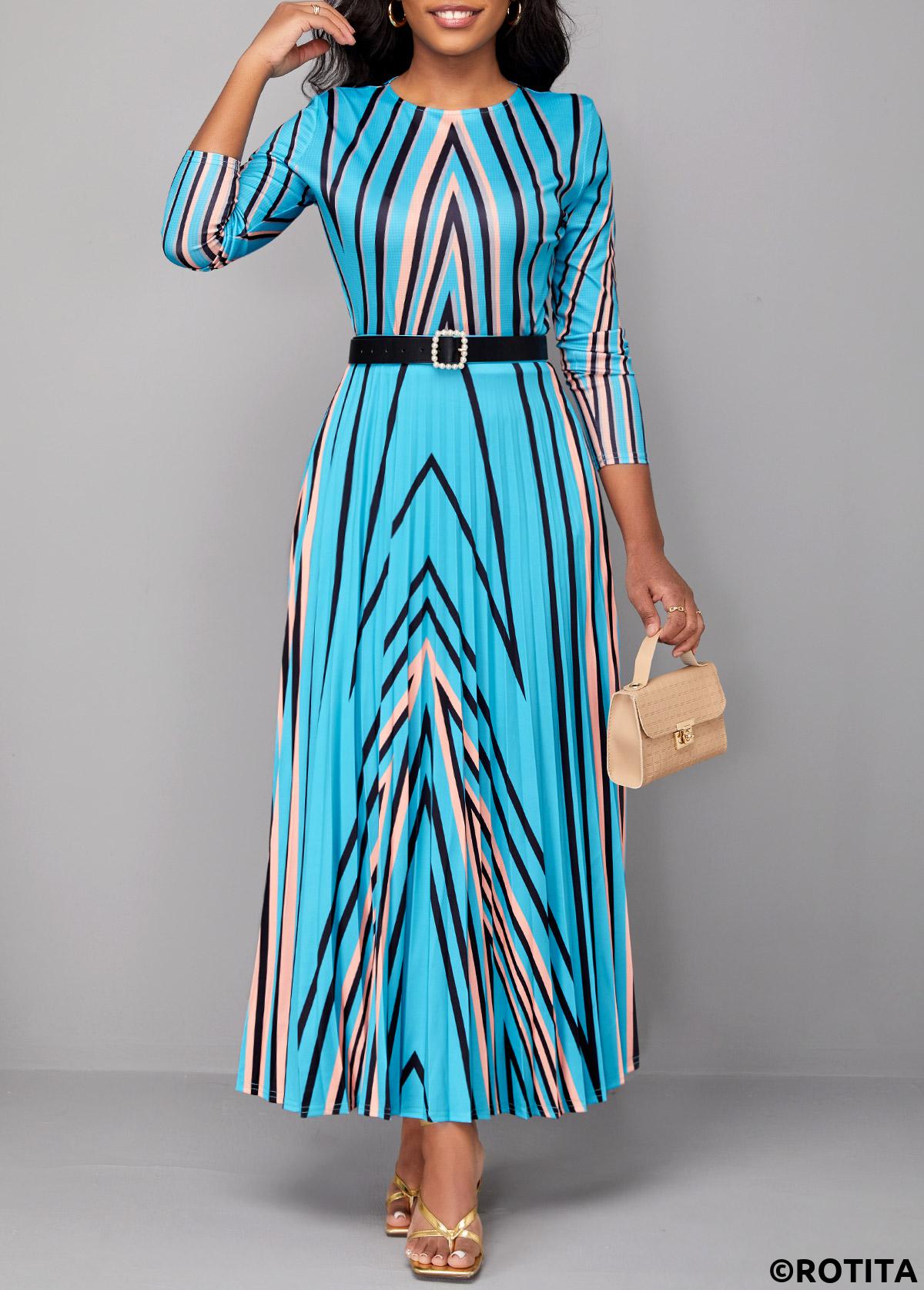 Light Blue dresses,Geometric dresses,Striped dresses,Party dresses,Elegant dresses,ROTITA Pleated Geometric Print Light Blue Maxi Dress