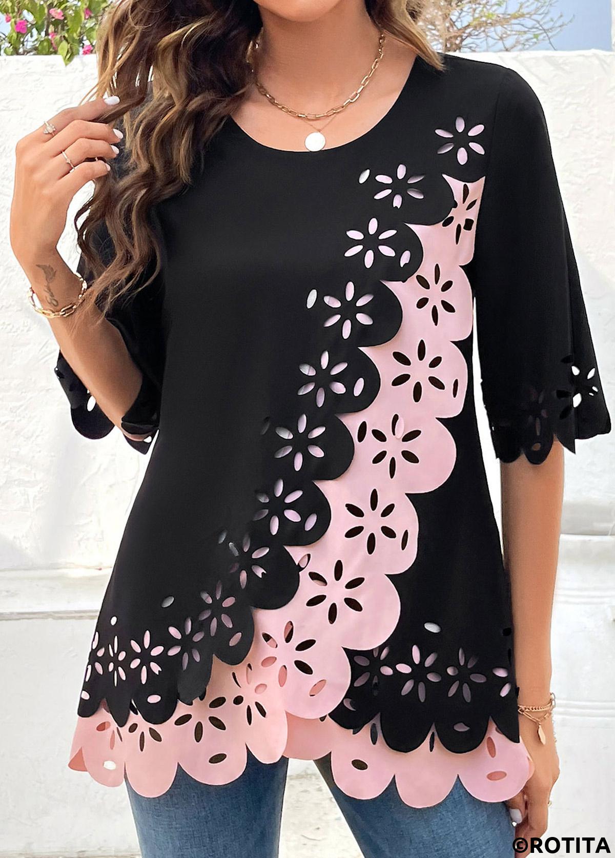 Black tops,Pink tops,Contrast Color tops,ROTITA Patchwork Black Round Neck Half Sleeve Blouse