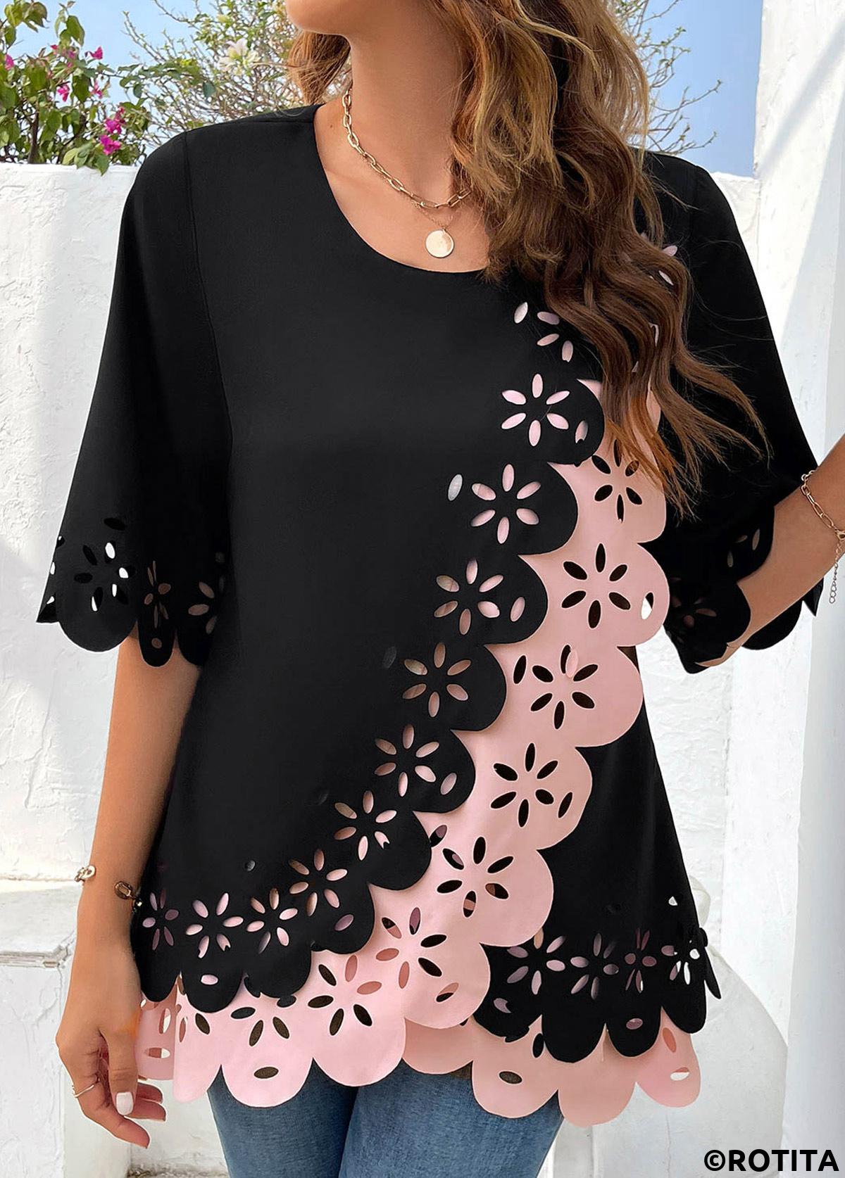 Black tops,Pink tops,Contrast Color tops,ROTITA Patchwork Black Round Neck Half Sleeve Blouse